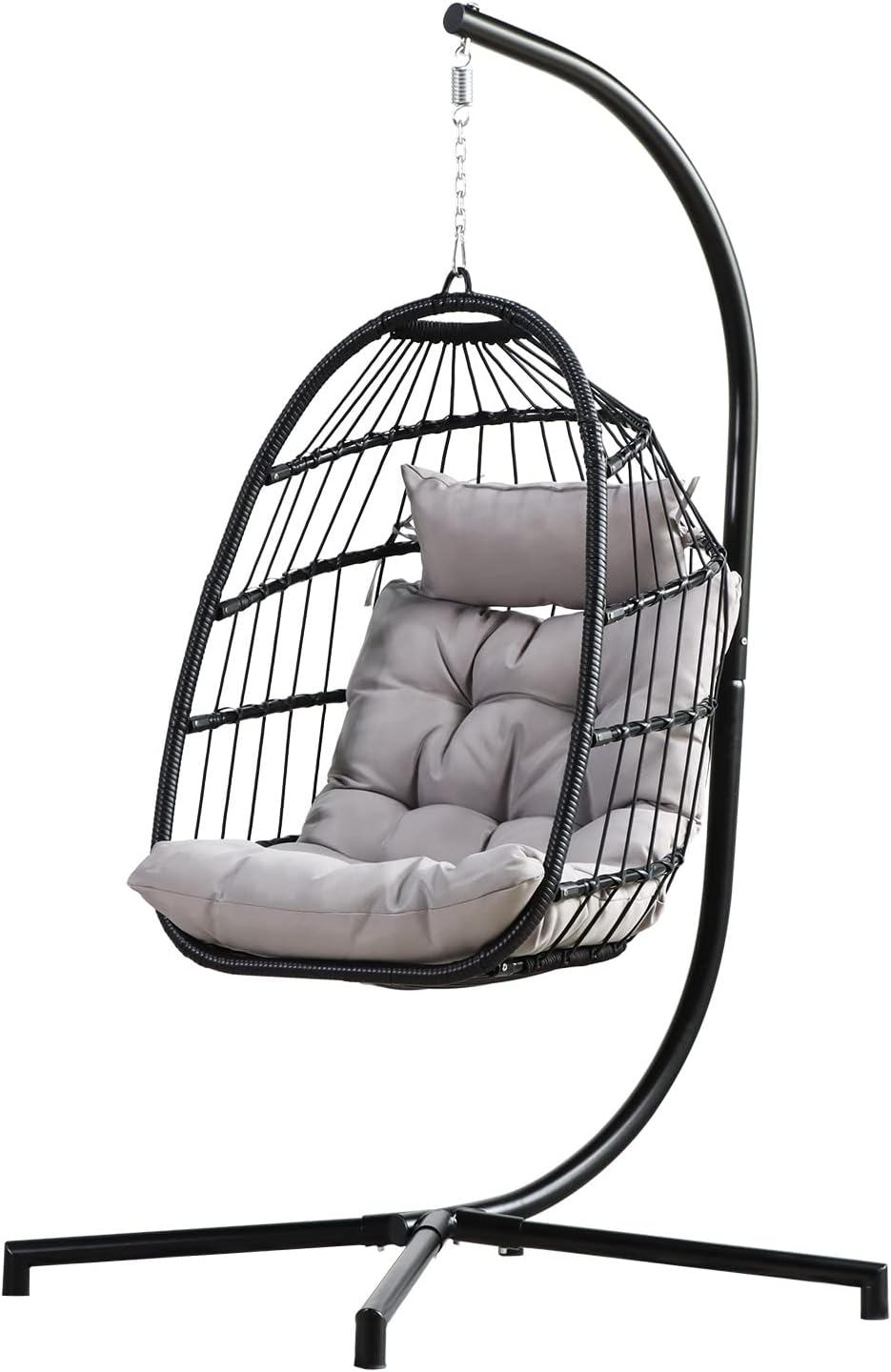KAIDYSENY Swing Egg Chair, Hammock Chair with Stand, Patio Black Rattan Wicker Patio Basket Hanging Chair with Rope Back, Cushion, All Weather Foldable Hammock Chair for Indoor/Outdoor, Black