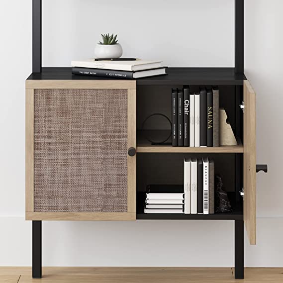Nathan James Theo Modern Bookcase with Rattan Cabinet in Matte Black and Light Oak Finish with Matte Black Metal Frame for Living Room, Home Office Storage