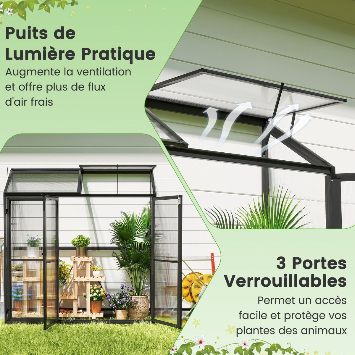Serre de Jardin Extérieure en Aluminium Serre Mini Walk-in avec Lucarne et 3 Portes Fermables Plaques PC Résistantes au Soleil Noir