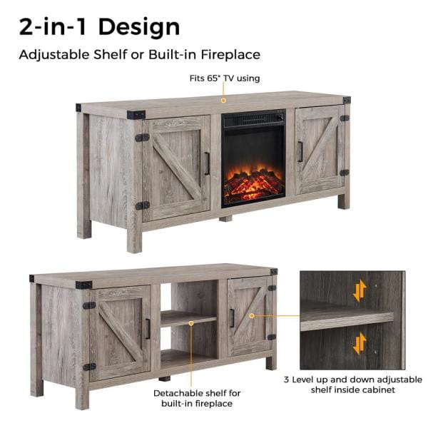 60 in. Gray Electric Fireplace TV Stand Fits TV's up to 70 in. with 2-Cabinet