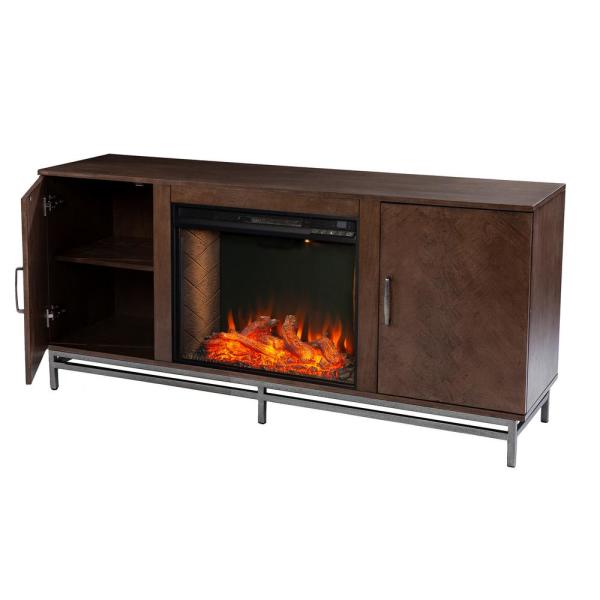 Oliver 60 in. Alexa Enabled Smart Electric Fireplace in Brown with Matte Silver