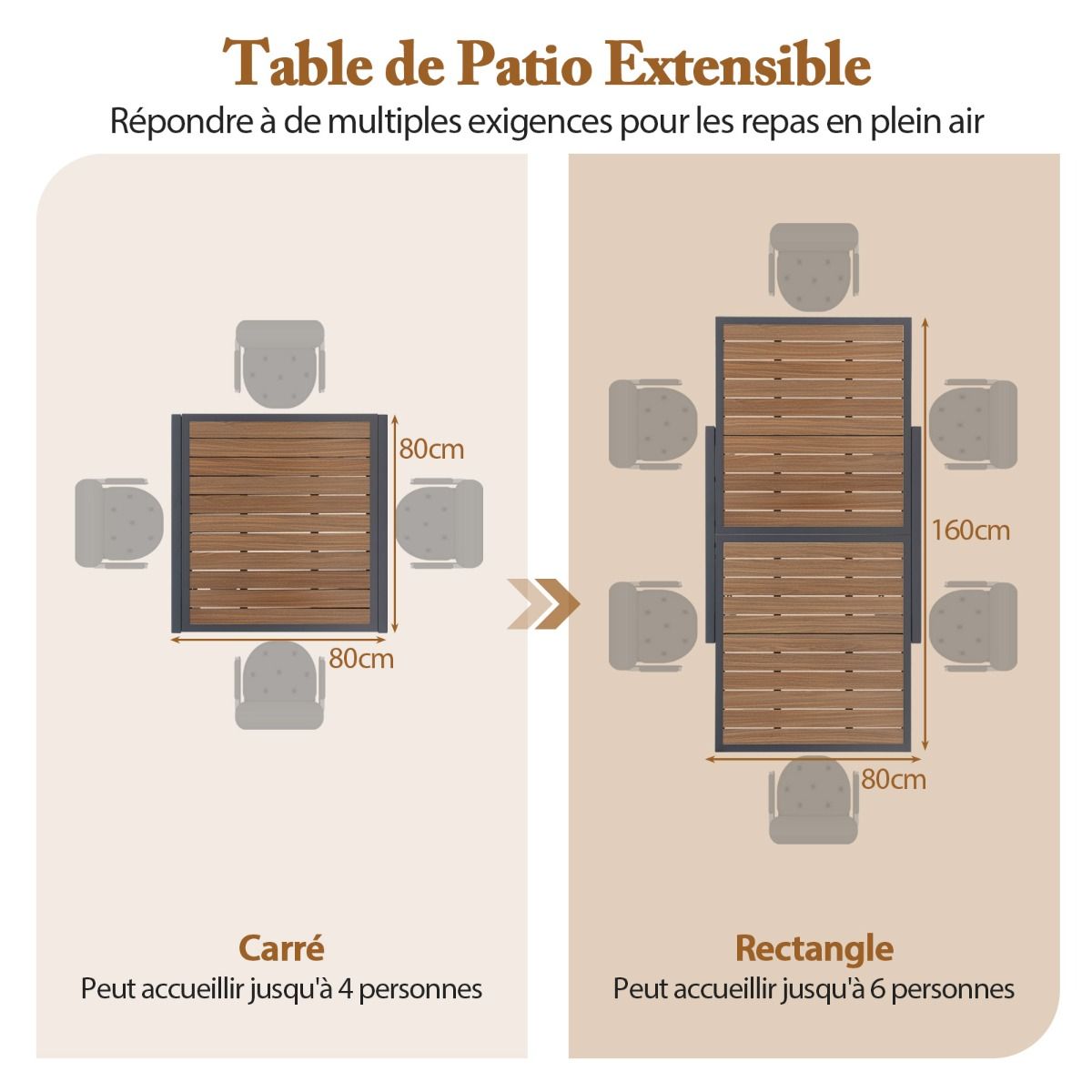Table de Jardin Extensible en Aluminium Ajustable de 80 à 160 CM Table à Manger Extérieure Rectangulaire pour 4-6 Personnes Naturel