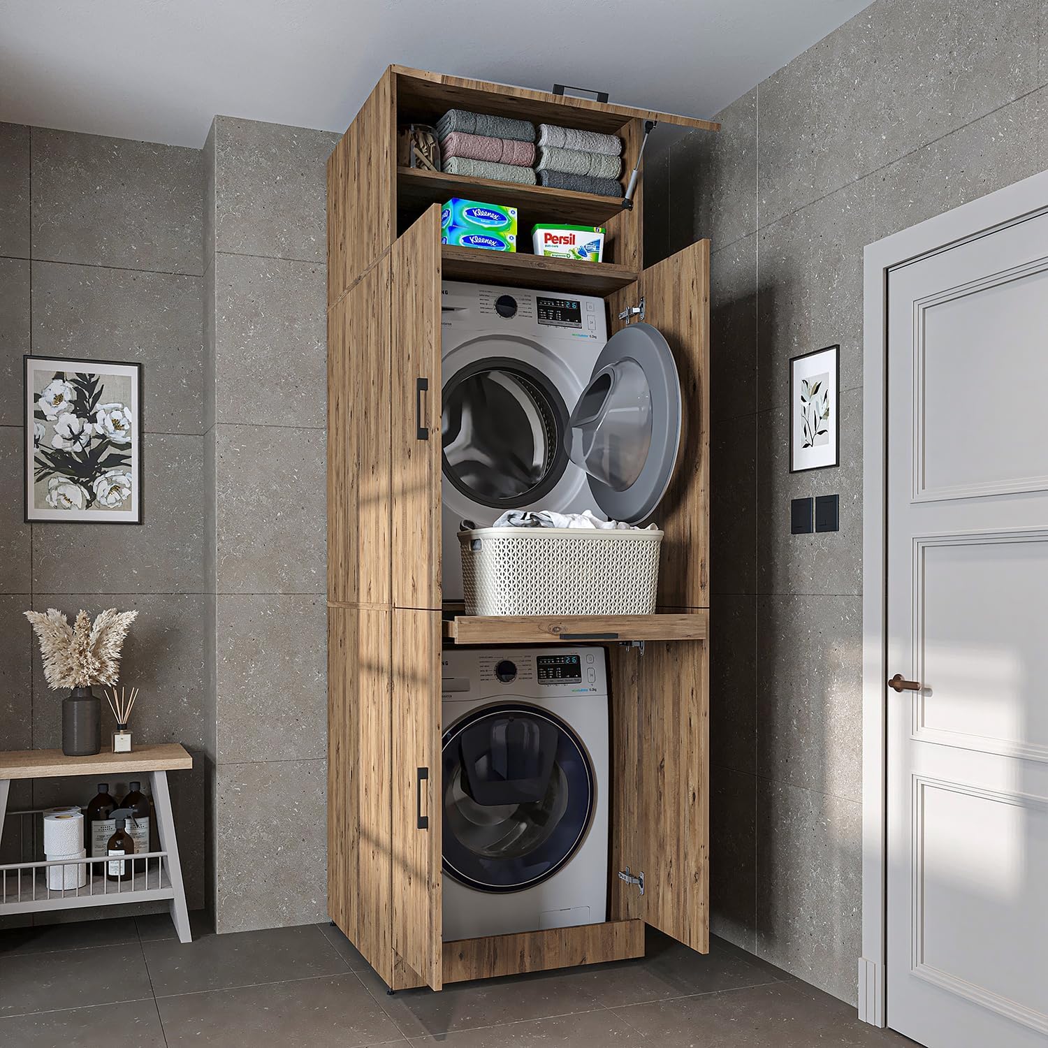 ROOMART Dora Armoire de machine à laver, pour sèche-linge et machine à laver, en 4 couleurs, avec portes et planche coulissante (chêne anthracite)