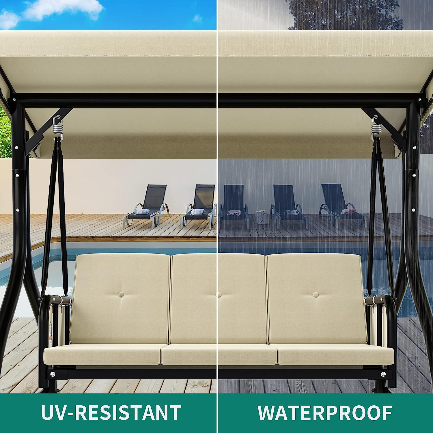 YITAHOME Porch Swing Bed 3-Seats Outdoor Patio Swing Heavy Duty Swing Chair with Adjustable Canopy Removable Cushion, Suitable for Adult in Garden, Poolside, Balcony, Brown