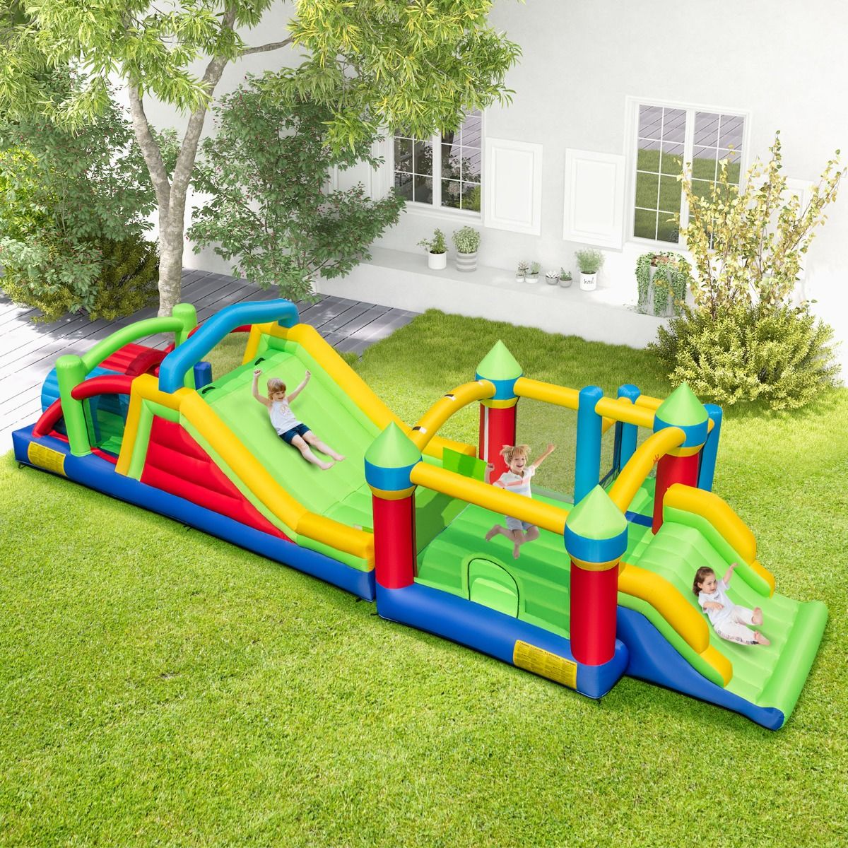Château Gonflable pour 4 Enfants avec 2 Toboggans Tunnels Zone de Rebond Escalade Obstacles Maison de Jeu avec Souffleur de 680 W