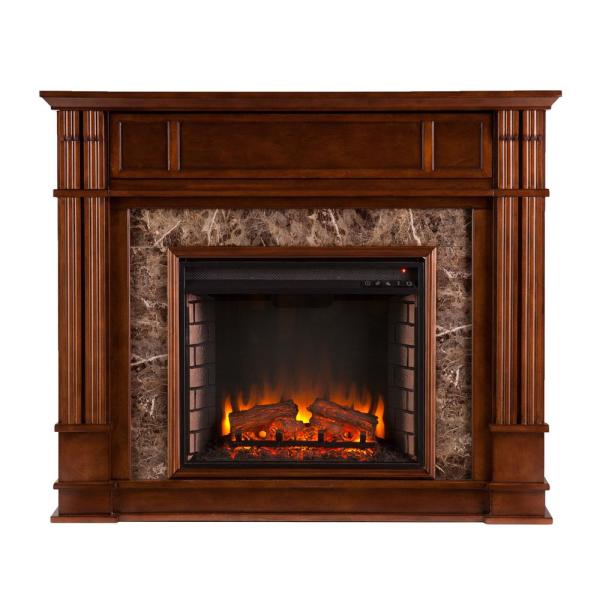 Rochester 48 in. Faux Stone Electric Fireplace TV Stand in Whiskey Maple