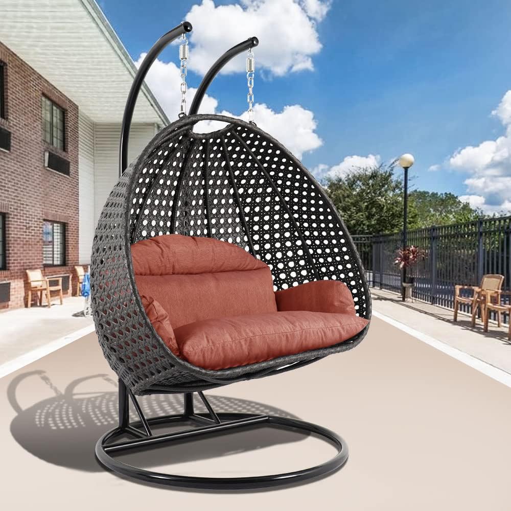 LeisureMod 2 Person Hanging Double Swing Chair, X-Large Wicker Rattan Egg Chair with Stand and Cushion for Indoor Outdoor Patio Garden (Light Green)