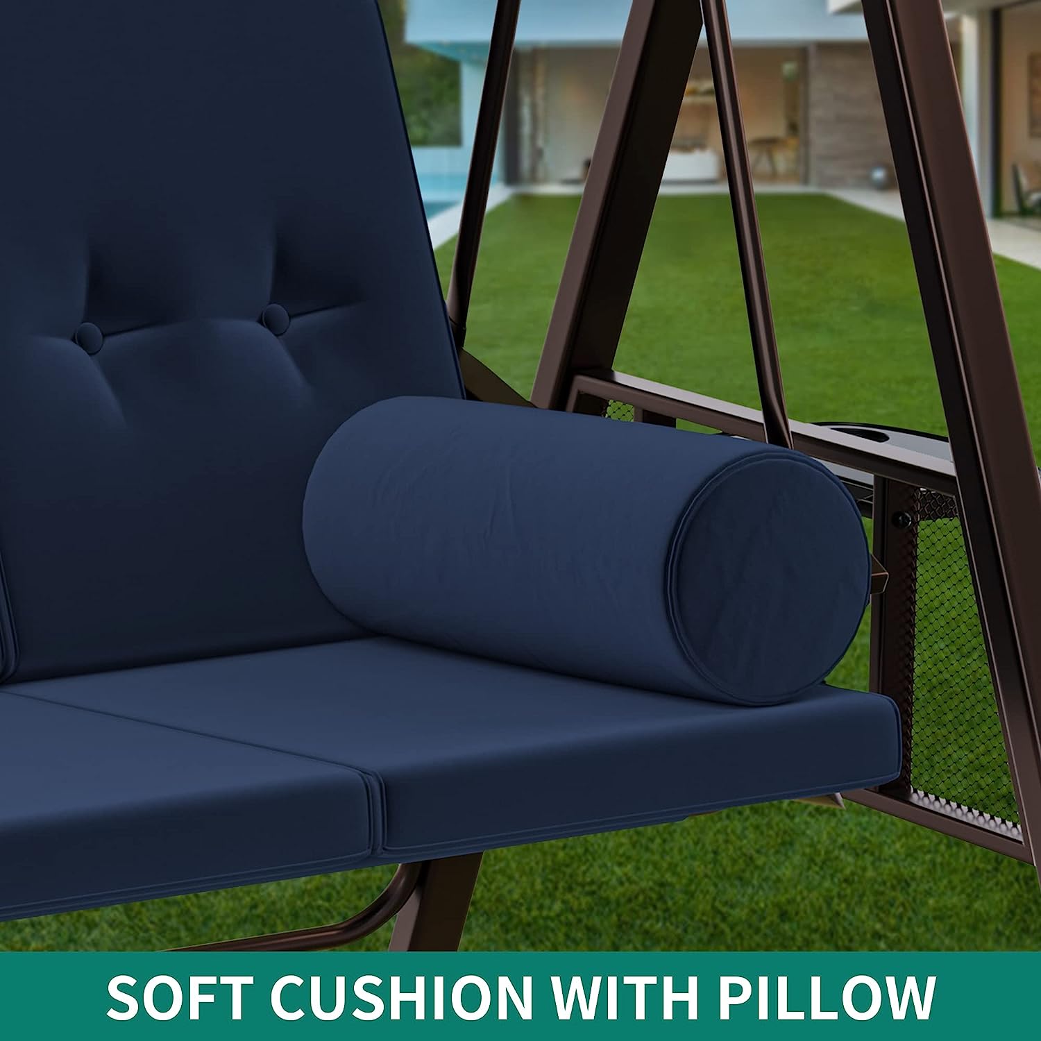 YITAHOME 3-Seat Deluxe Porch Swing Outdoor Heavy Duty Patio Swing Chair with Adjustable Canopy Removable Cushions Weather Resistant Steel Frame Suitable for Garden, Lawn, Backyard, Balcony, Brown