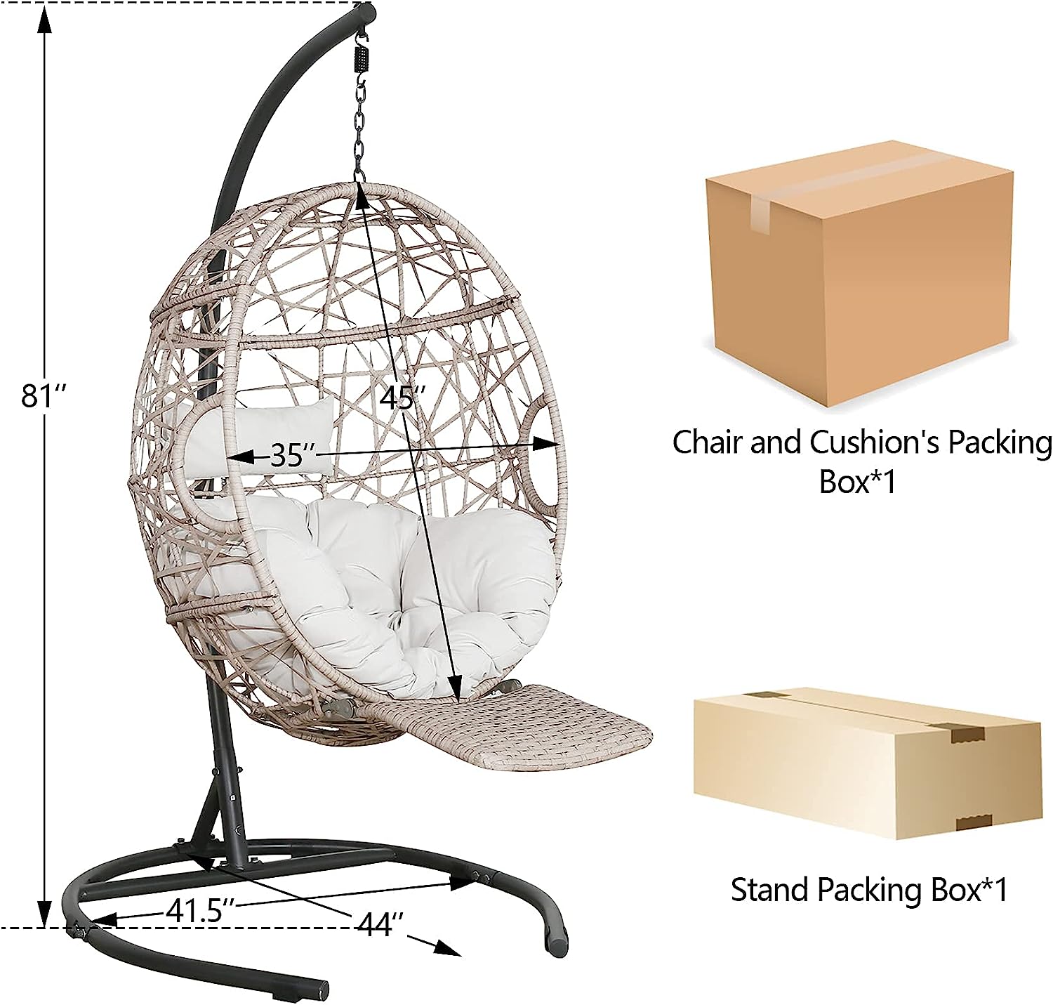 Ulax Furniture Egg Chair, Outdoor Indoor Patio Wicker Hanging Basket Swing Chair, Tear Drop Egg Chair with Cushion, Stand and Adjustable Footrest (Beige)