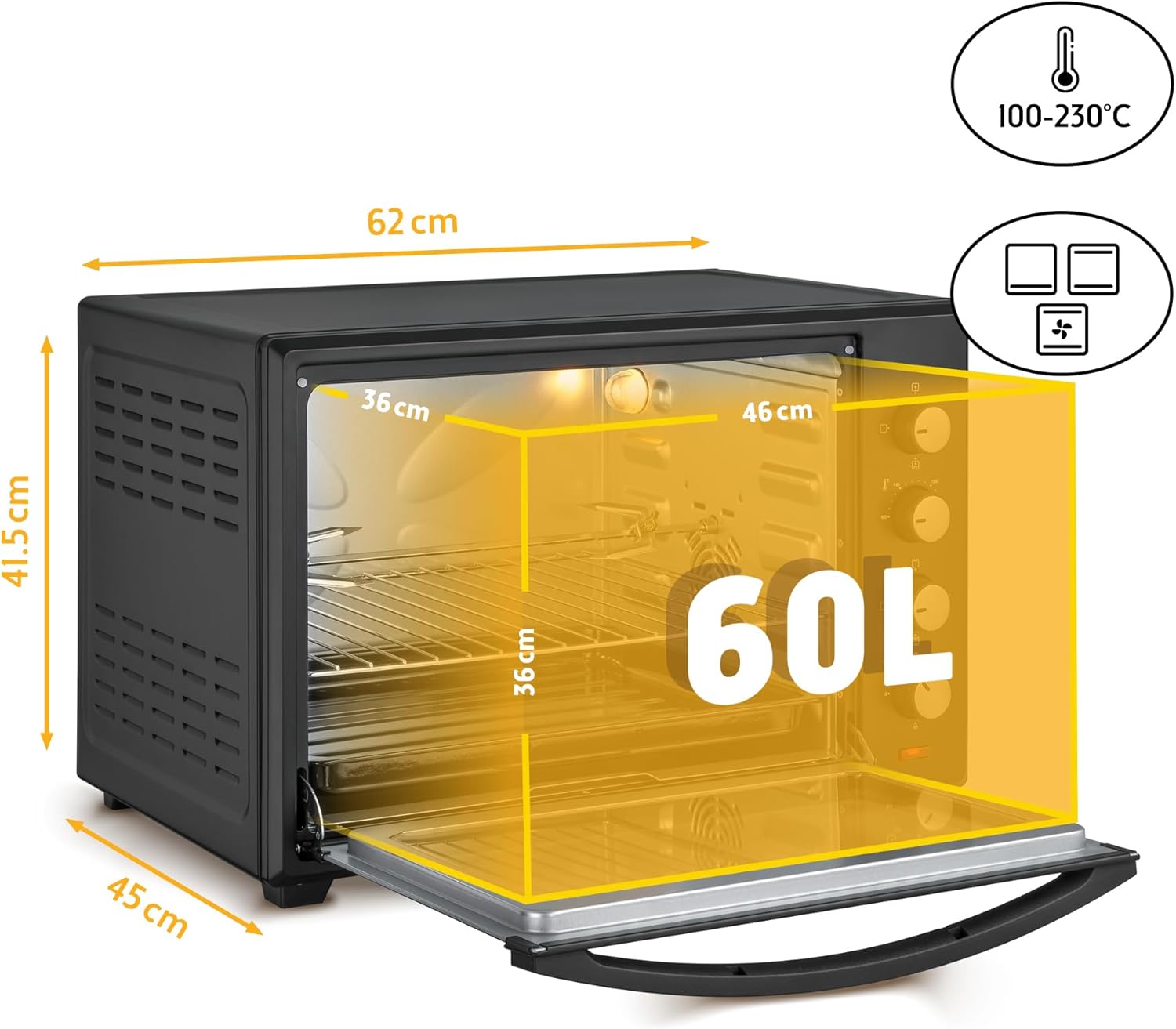 TZS First Austria Mini-four 60 l I 2000 W I Convection + Rôtisserie I 4 éléments chauffants I Plage de température jusqu'à 230 °C I Minuterie 60 min I Inox I Noir