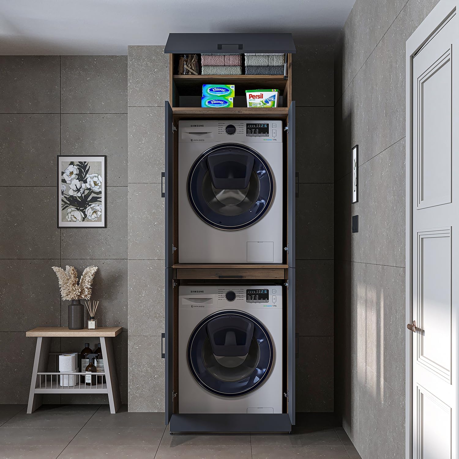 ROOMART Dora Armoire de machine à laver, pour sèche-linge et machine à laver, en 4 couleurs, avec portes et planche coulissante (chêne anthracite)