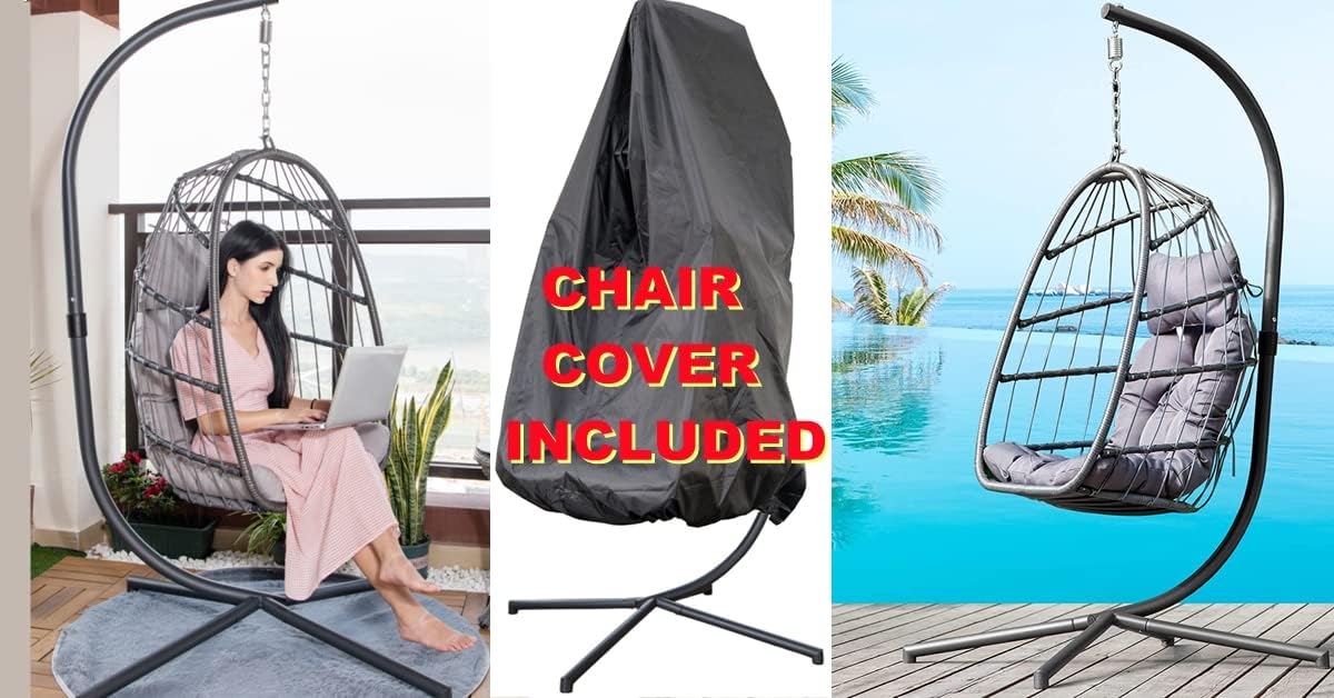 Mojia Patio Wicker Hanging Egg Swing Chair with Stand, Hammock Egg Chairs Foldable UV Resistant Cushions 440lbs Capaticy (Gray)