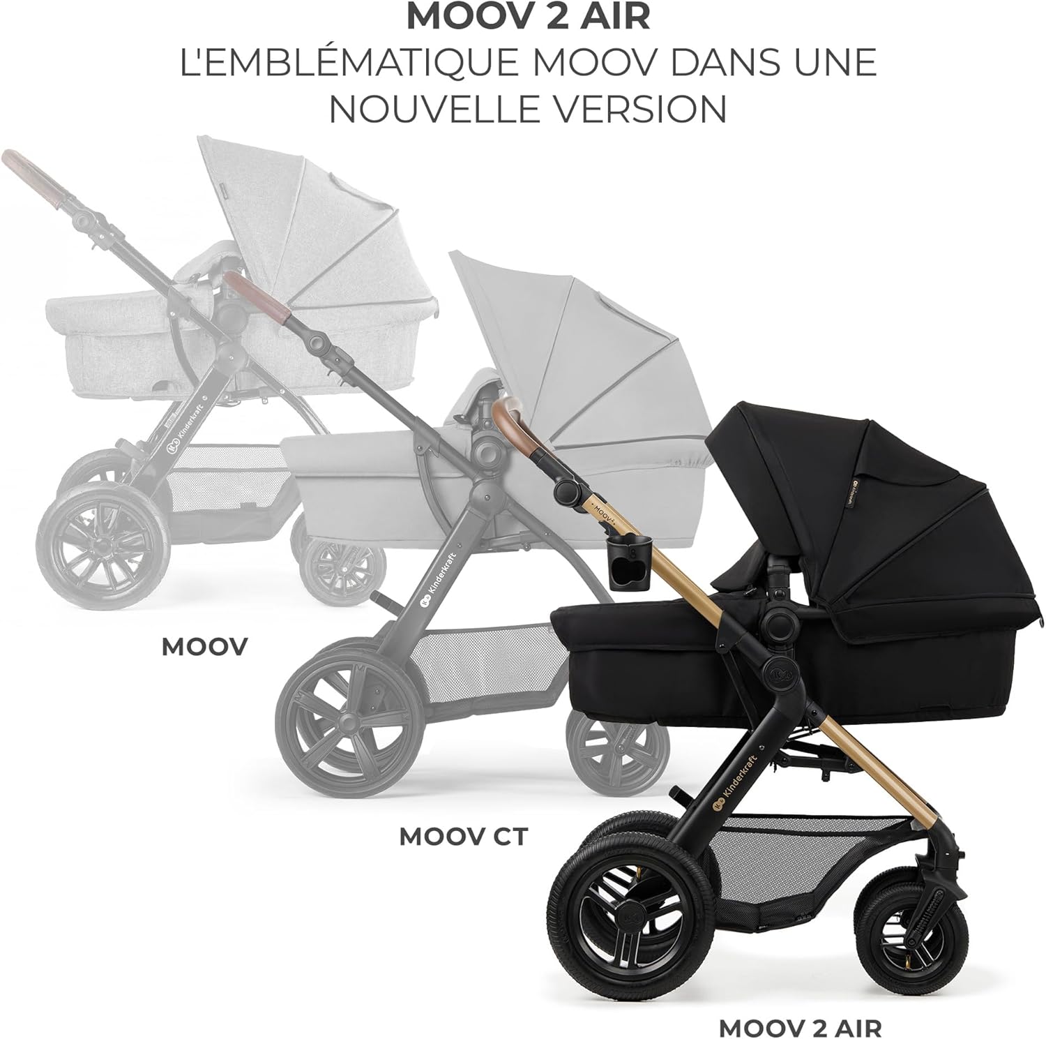 Kinderkraft MOOV2 Poussette 3 en 1, Système de voyage de la naissance à 27 kg, Siège auto Mink PRO I-Size inclus, Capote extensible avec filtre UPF50+, Accessoires pratiques, Gris