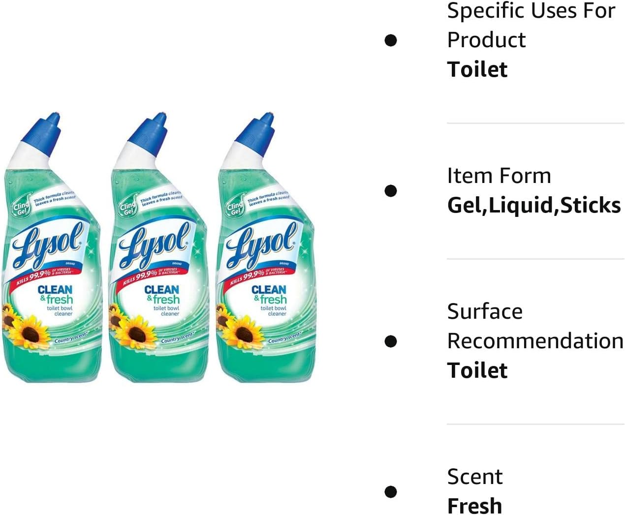 Lysol Cling Gel Toilet Bowl Cleaner, Country Scent, 24 Fl Oz (Pack of 3)