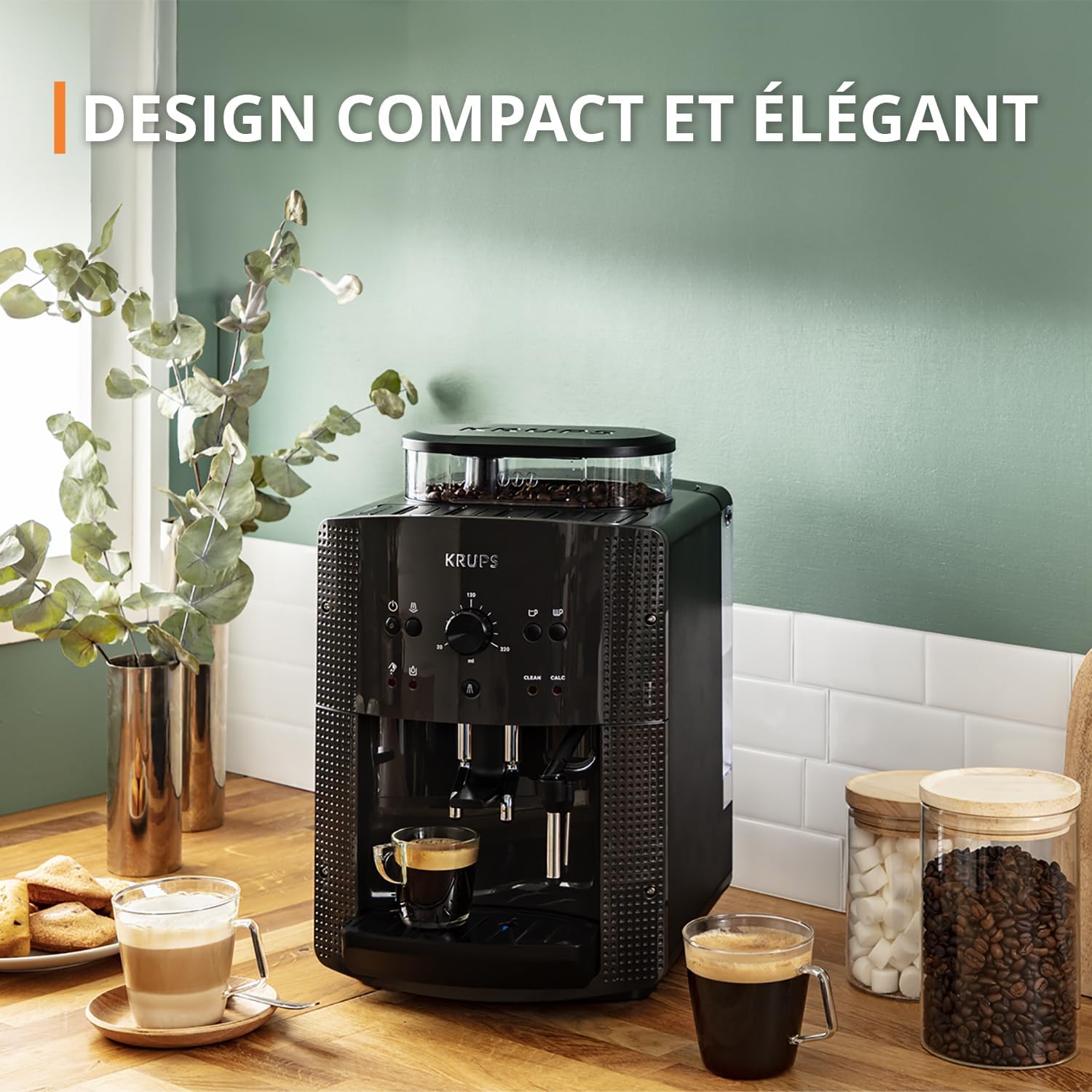 Krups Machine à café grain, 1,7 L, 2 tasses en simultané, Nettoyage automatique, Buse vapeur pour Cappuccino, Cafetière espresso, Essential noire YY8125FD, Noir