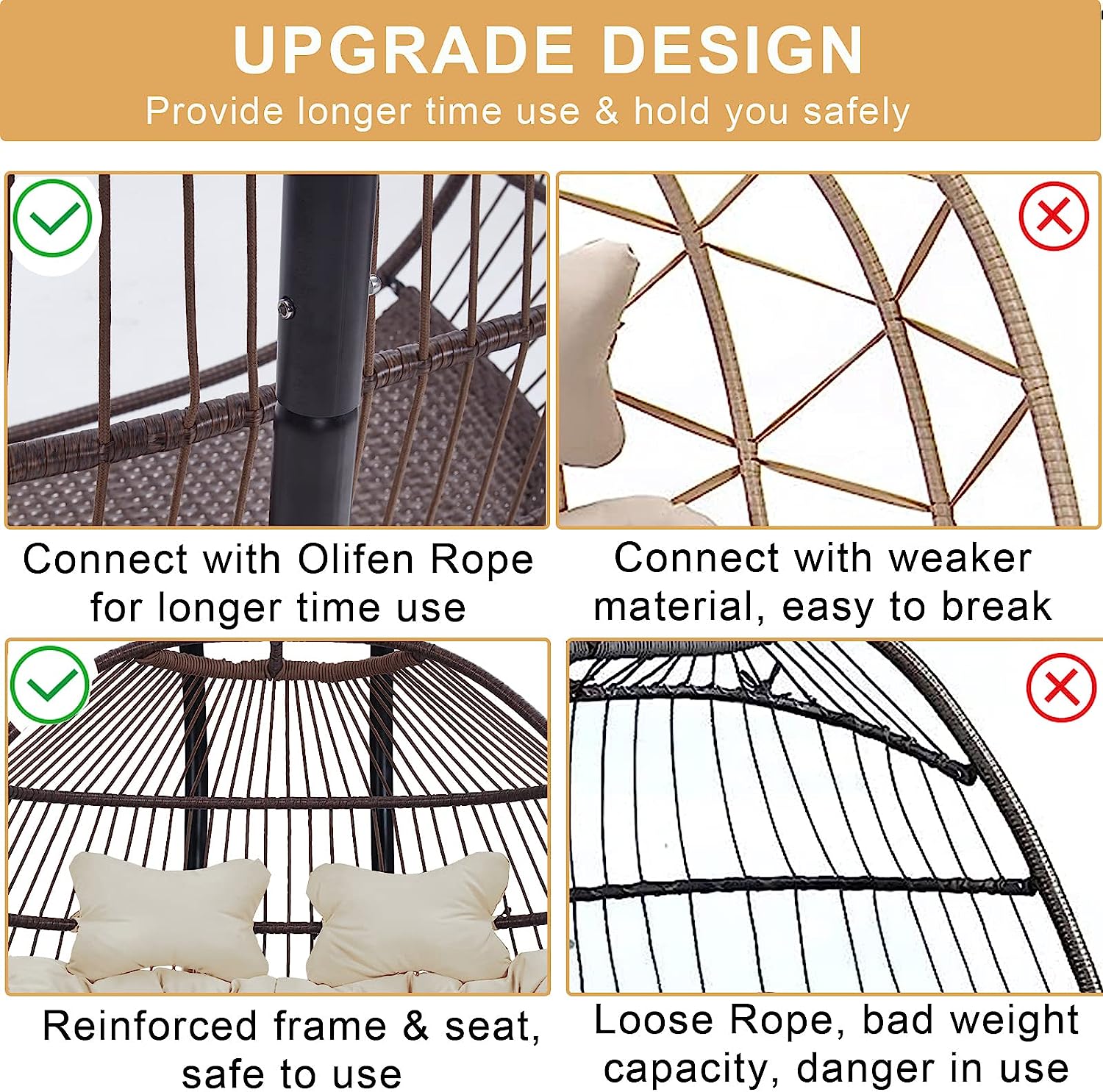 Double Egg Chair with Stand, Foldable 2-Person Hanging Swing Chair with Cover and UV Cushion, X-Large Rattan Wicker Hammock Chair for Indoor Outdoor Garden Patio (Black Frame + Gray Cushion)