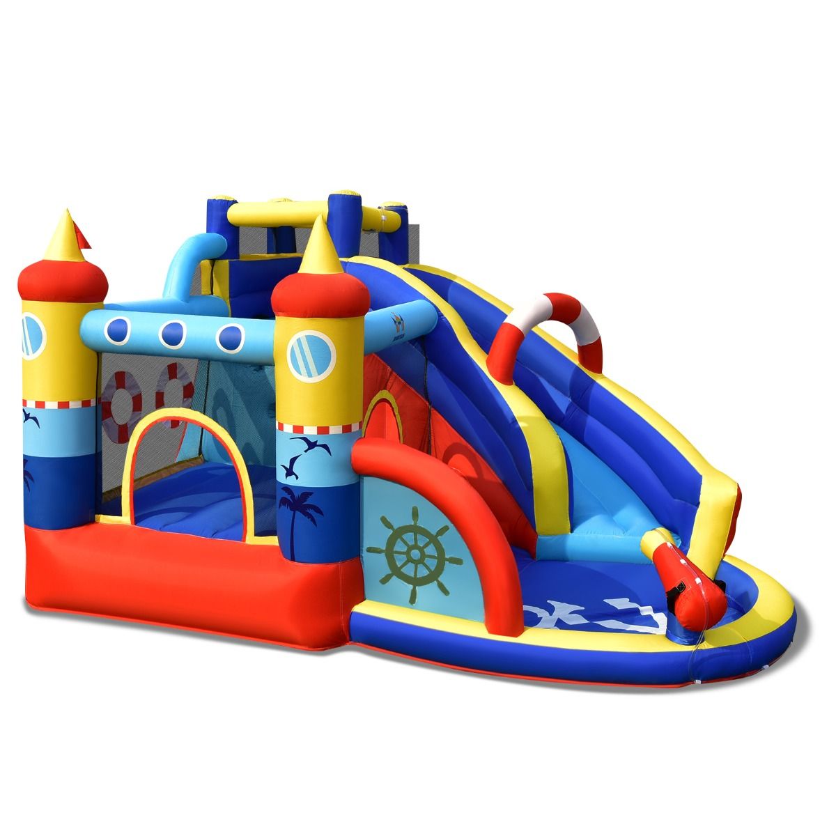 Château Gonflable Style Bateau avec Toboggan Incurvé Zone de Saut Mur d'Escalade avec Gonfleur 450 W