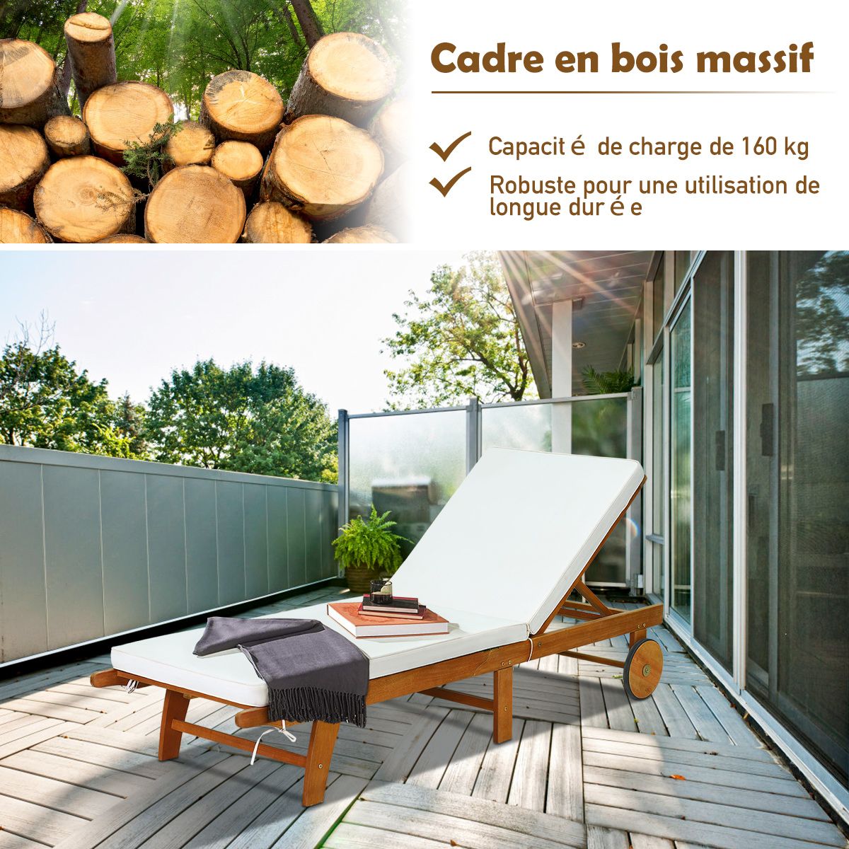 Chaise Longue Pliable en Bois avec 2 Roues et un Coussin Amovible Dossier Réglable Capacité Portante 160KG Idéal pour L’extérieur