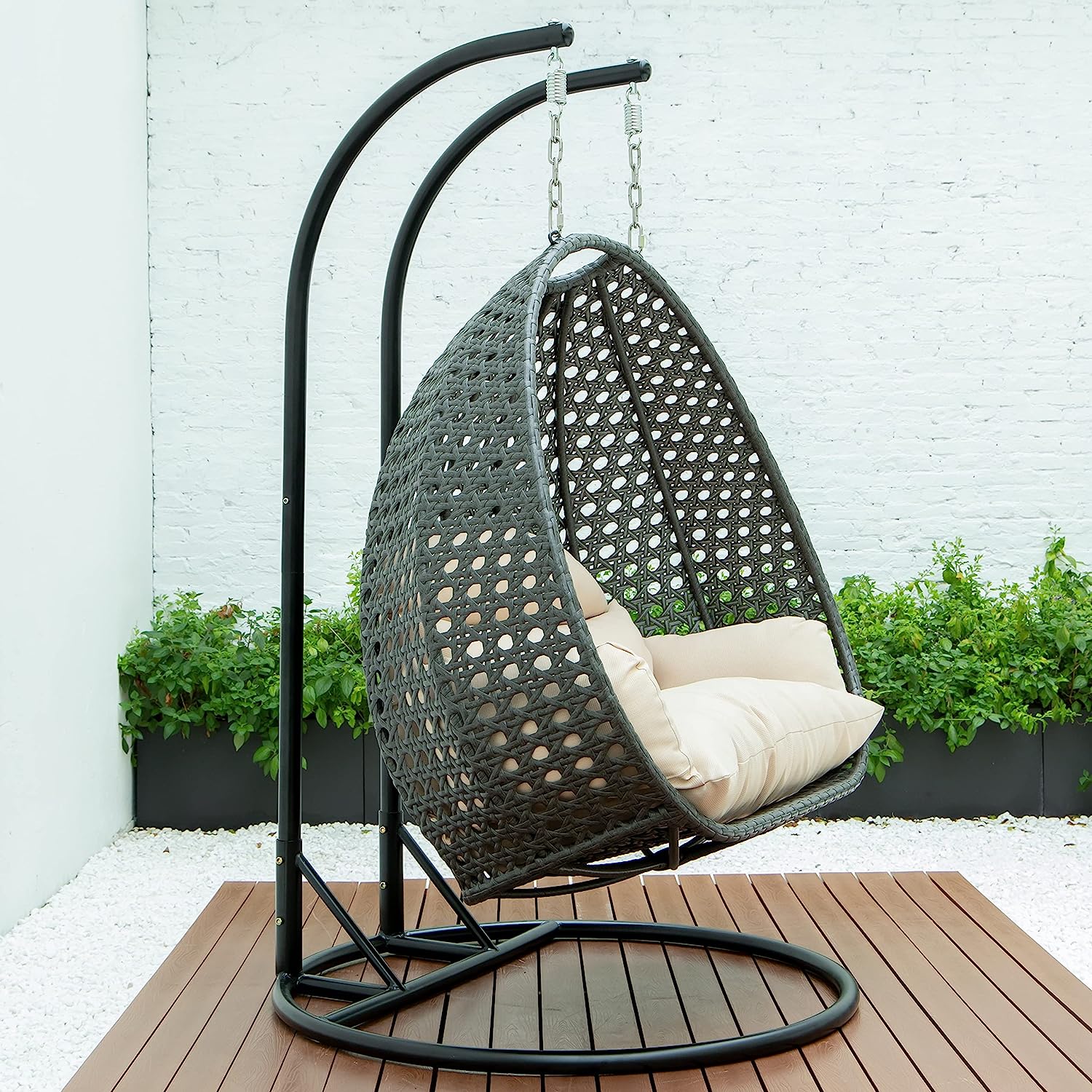 LeisureMod 2 Person Hanging Double Swing Chair, X-Large Wicker Rattan Egg Chair with Stand and Cushion for Indoor Outdoor Patio Garden (Light Green)