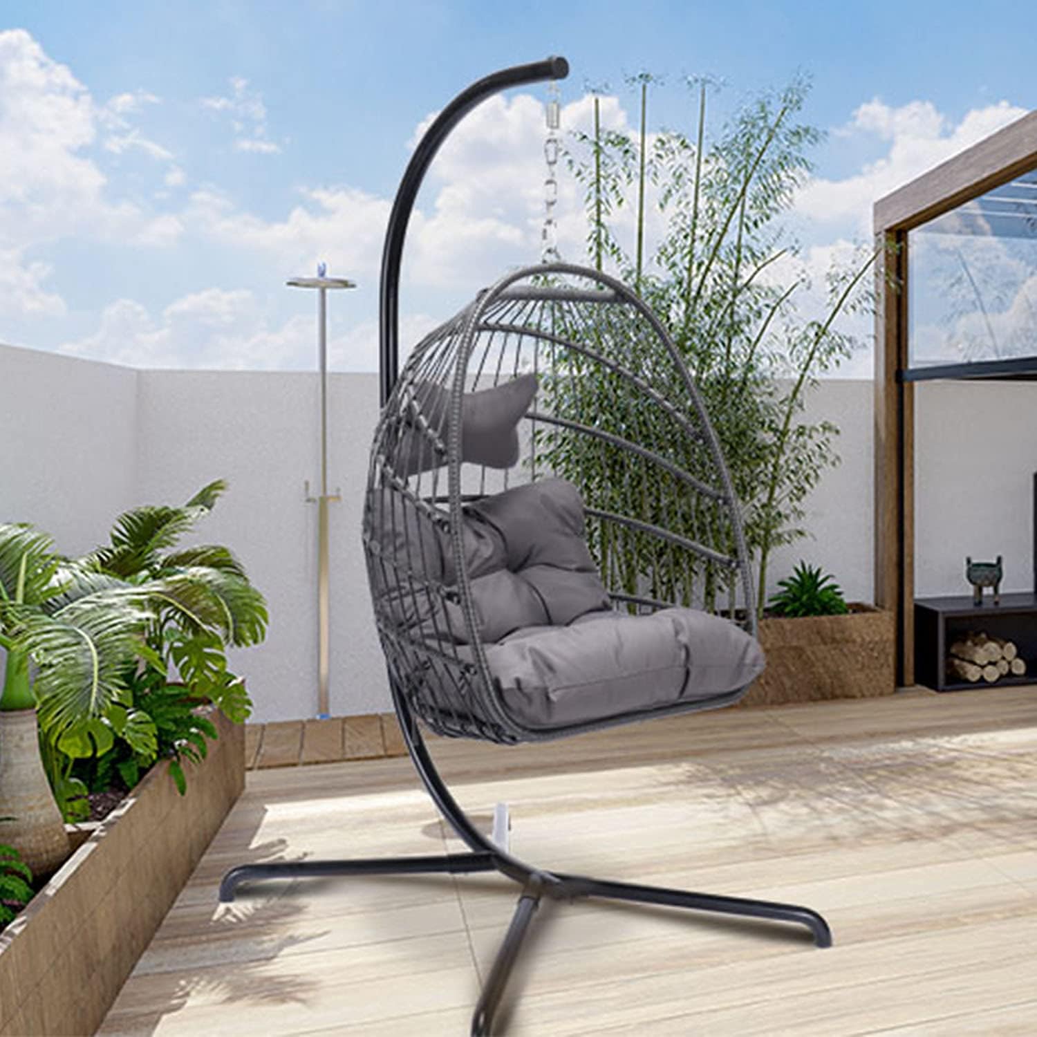 Swing Egg Chair Without Stand Indoor Outdoor Wicker Rattan Patio Basket Hanging Chair with UV Resistant Cushions 265lbs Capaticy for Bedroom Balcony Patio (Without Stand)