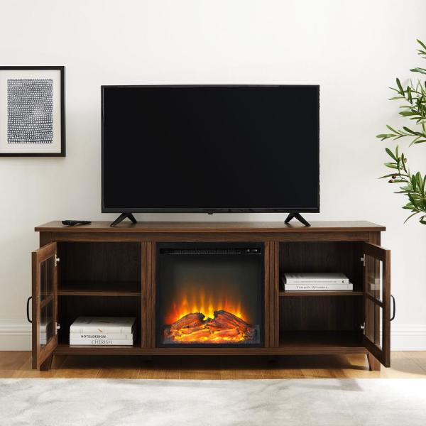 58 in. Dark Walnut Wood and Glass Transitional 2-Door Windowpane Fireplace TV Stand Fits TVs up to 65 in.