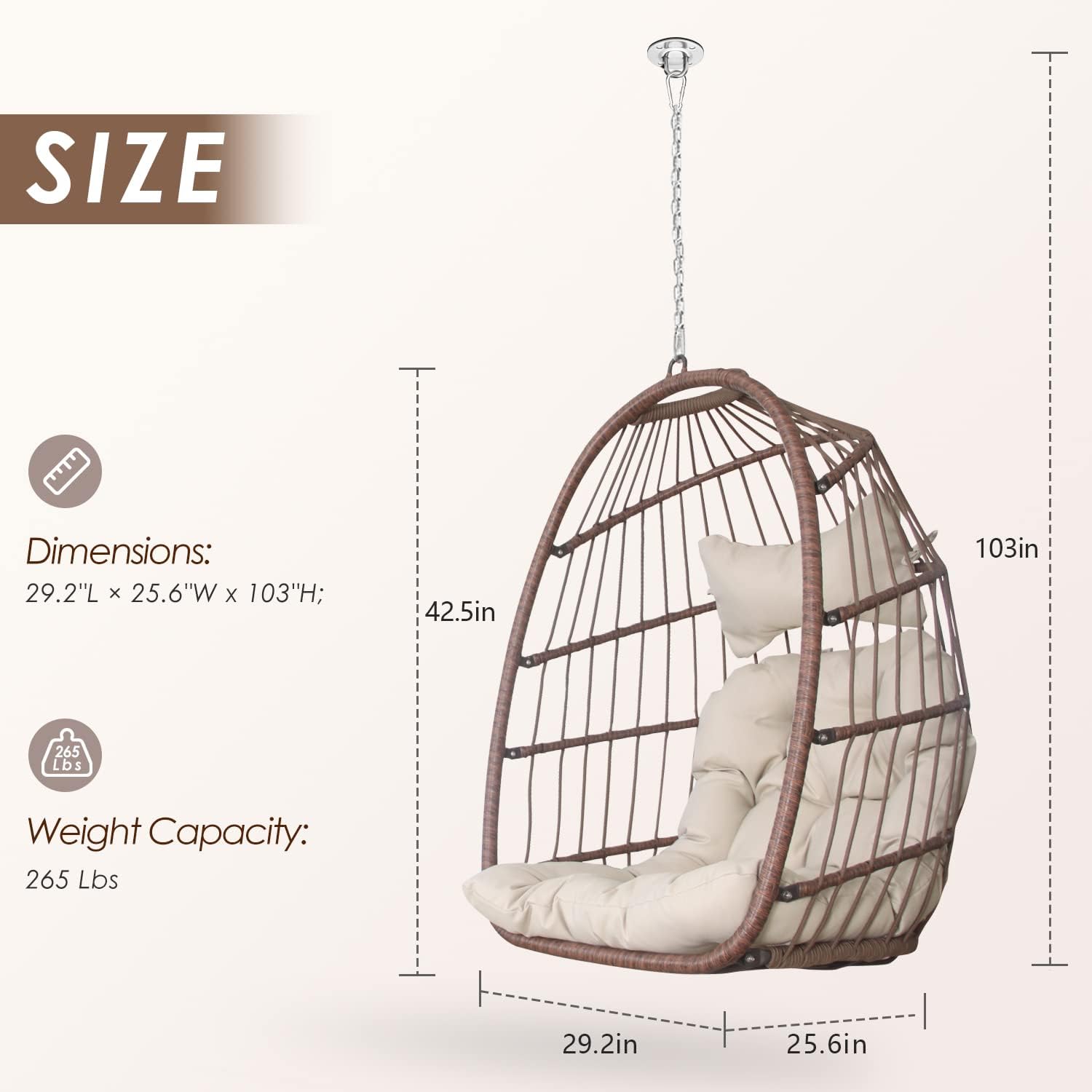 NICESOUL Hanging Egg Chair Without Stand PE Wicker Swing Hammock Egg Basket Ceiling Chairs with Cushions 265lbs Capaticy for Bedroom Living Room Patio Backyard Balcony (Brown)