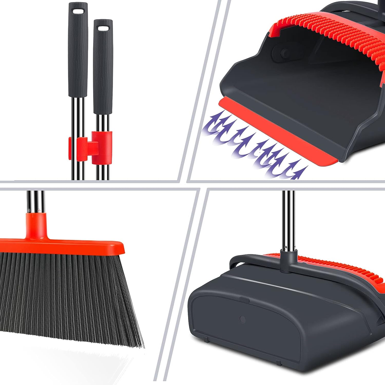 kelamayi Upgrade Stand Up Broom and Dustpan Set, Self-Cleaning with Dustpan Teeth, Ideal for Dog Cat Pets Home Use, Super Long Handle (Gray&Orange)