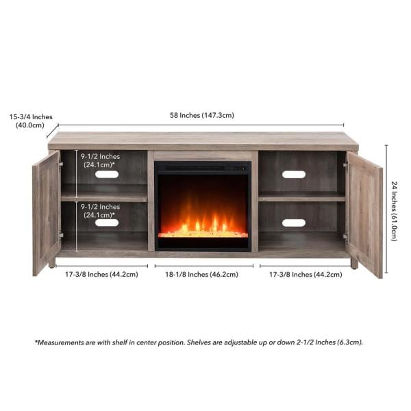 Granger 58 in. Gray Oak TV Stand with Crystal Fireplace Insert