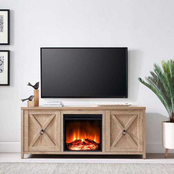 Granger 58 in. White Oak TV Stand with Log Fireplace Insert
