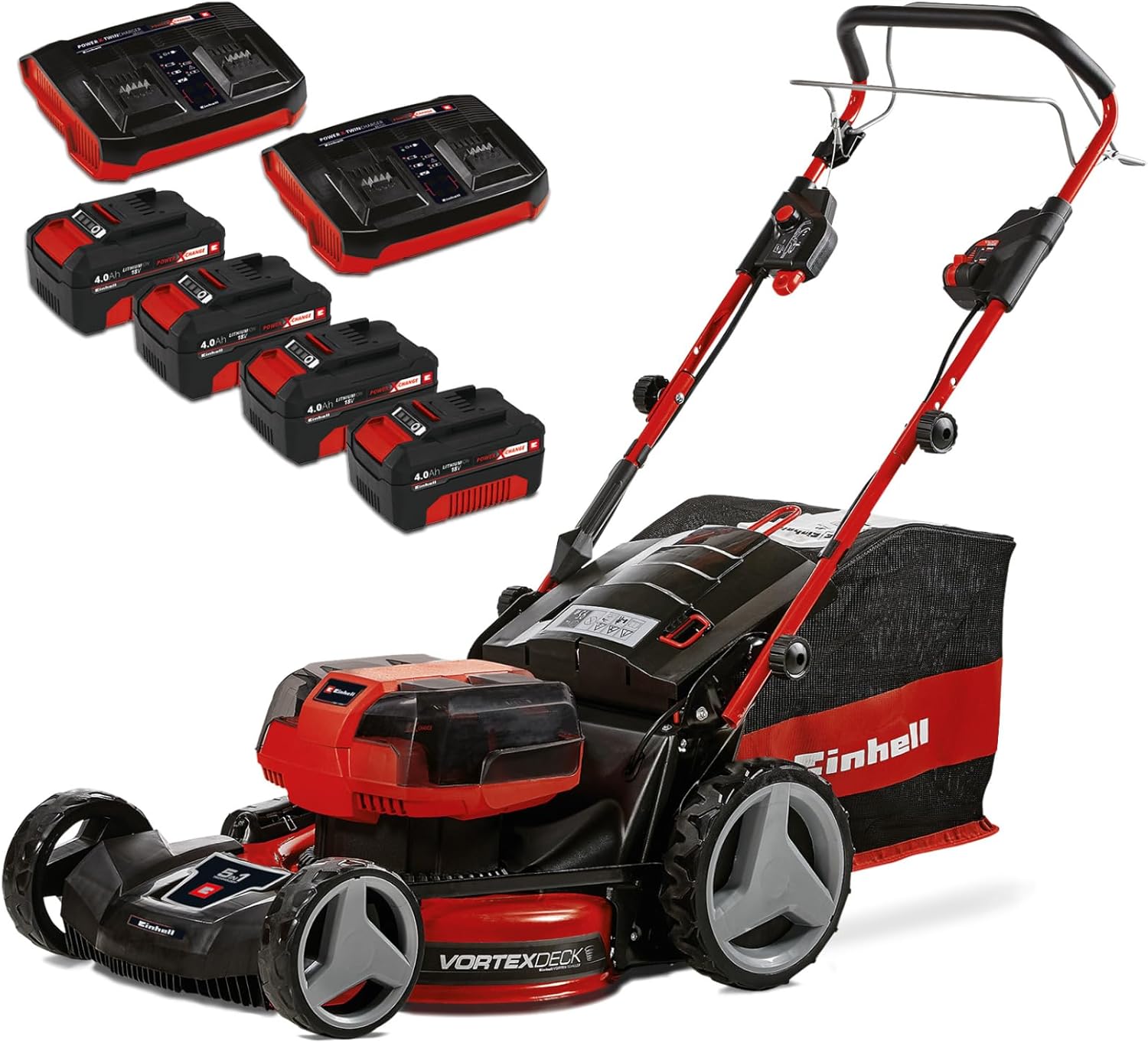 Einhell Professional Tondeuse à gazon sans fil GP-CM 36/47 S HW Li Power X-Change (36V, 47 cm largeur de coupe, autotractée, moteur sans charbon) Livré avec 4 Batteries 4,0Ah et 2 Chargeurs Doubles