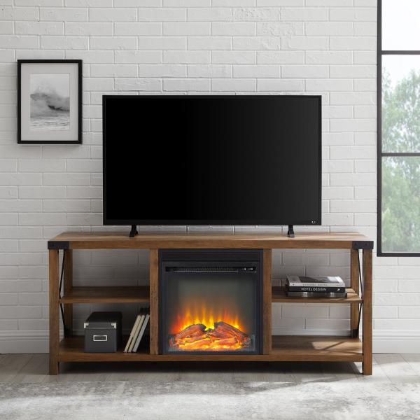 60 in. Reclaimed Barnwood Composite TV Stand Fits TVs Up to 65 in. with Electric Fireplace
