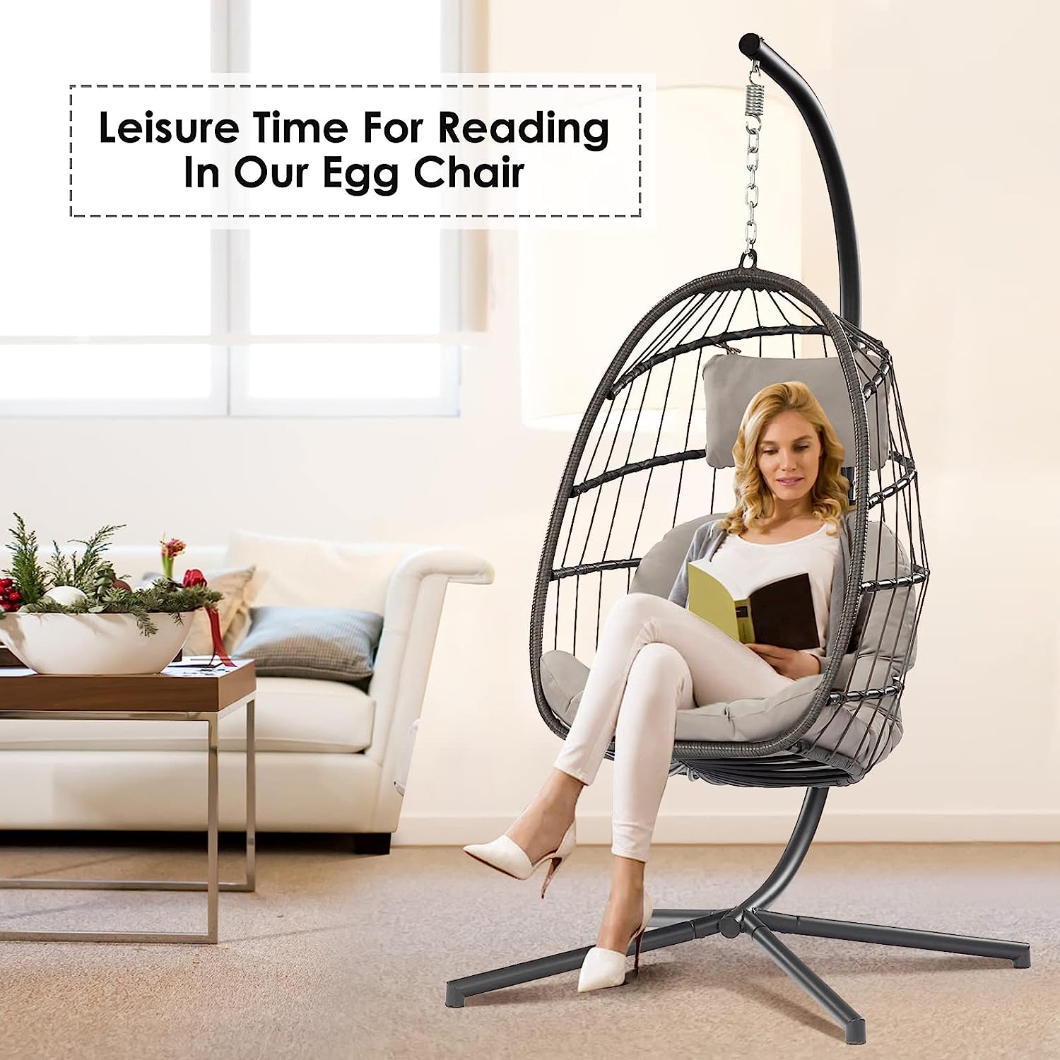Egg Chair with Stand - Patio Rattan Wicker Hanging Swing Egg Chair Hammock Chair for Indoor Outdoor Bedroom Garden - Aluminum Steel Frame and UV Resistant Cushion 350LBS Capacity (Dark Grey)
