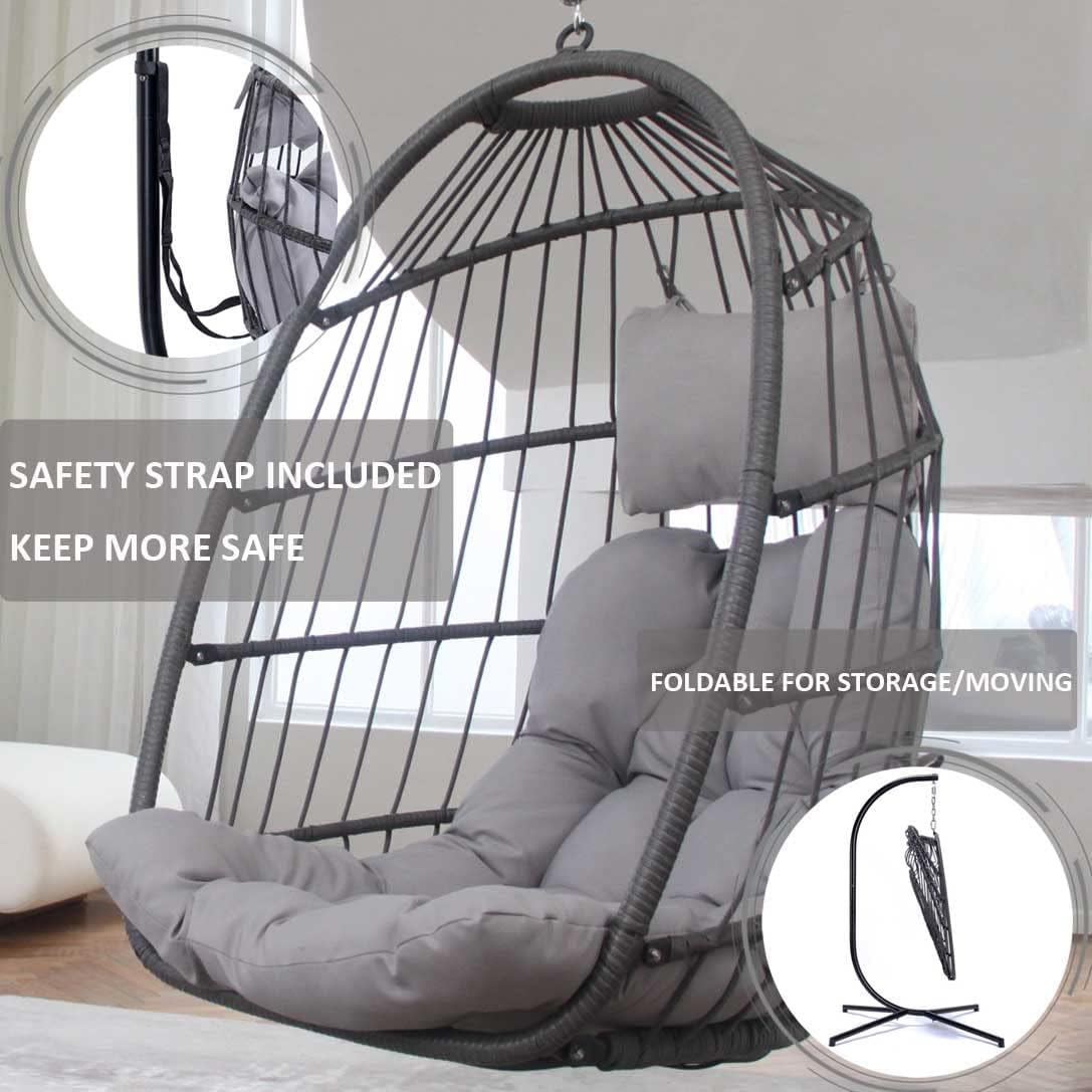 NICESOUL® Indoor Outdoor Patio Wicker Hanging Chair Swing Egg Basket Chairs with Stand UV Resistant Cushions 350lbs Capaticy for Patio Backyard Balcony Xmas Gift