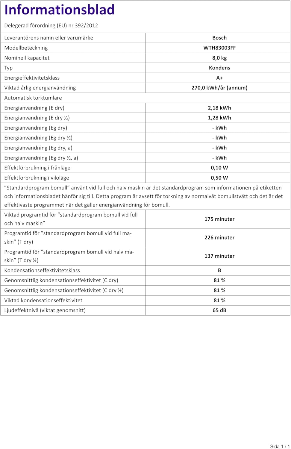 Bosch WTN85V07FF Sèche linge à condensation Série 4 - Silencieux - Pose Libre - 7kg - 112 L - Blanc