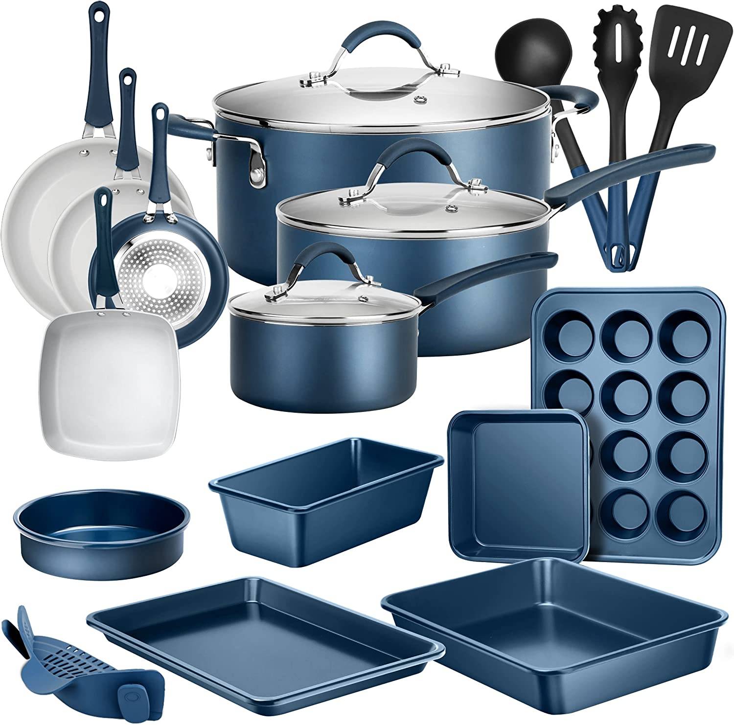 20-Piece Nonstick Kitchen PTFE/PFOA/PFOS-Free Heat Resistant Silicone Handles Cookware Bakeware Set w/Saucepan, Frying Pans, Cooking, Oven Pot, Lids, Utensil, -NCCW20SBLU, One Size, Navy