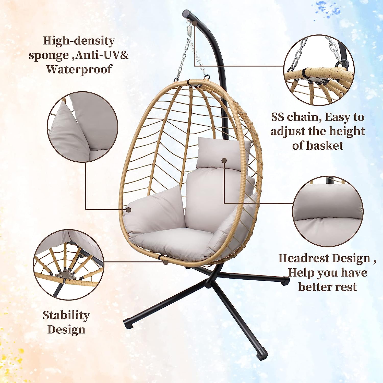 VARVIND Hammock Chair,Swing Egg Chiar with Stand and Cushions, Pillow, Foldable Wicker Rattan Hanging Egg Chair,Adjustable Height,Anti-UV&Waterproof, Indoor and Outdoor Use,286Lbs(Brown)