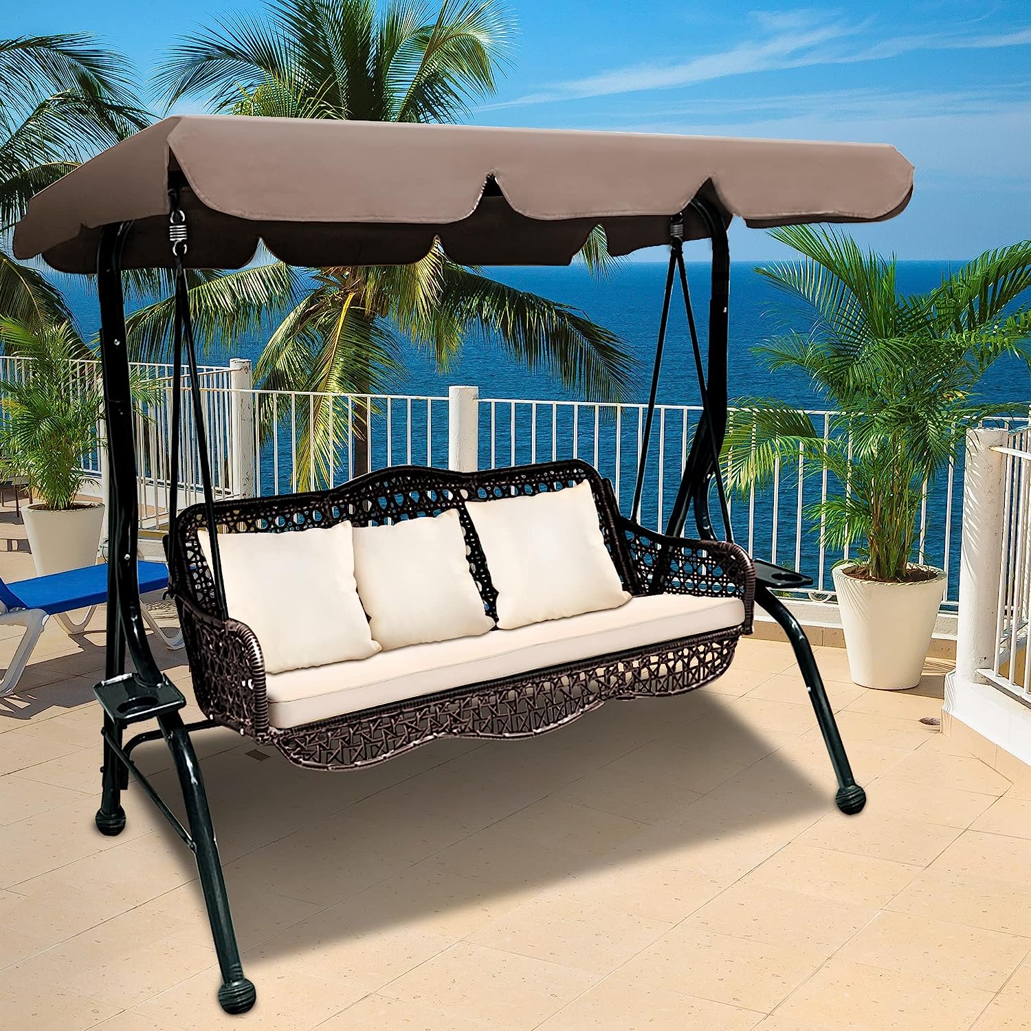 J.M.Deco 3 Seat Porch Swing, Outdoor Swing with Canopy Adjustable, 3 Pillows & 2 Side Trays, Wicker Patio Swing Chair for Balcony, Garden, Poolside, Backyard (Brown)