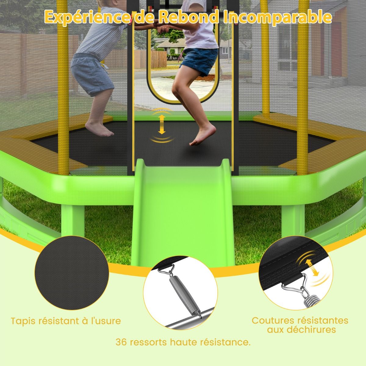 Trampoline Extérieur Ø 223cm avec Toboggan&Echelle avec Filet de Sécurité 2 Portes en U Charge 270kg pour 2-3 Enfants de 3 Ans+ Bleu/Vert
