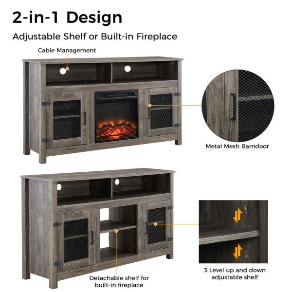58 in. Gray Electric Fireplace TV Stand Fits TV's up to 65 in. with 2-Storage Shelves and Metal Mesh Barndoor Cabinet