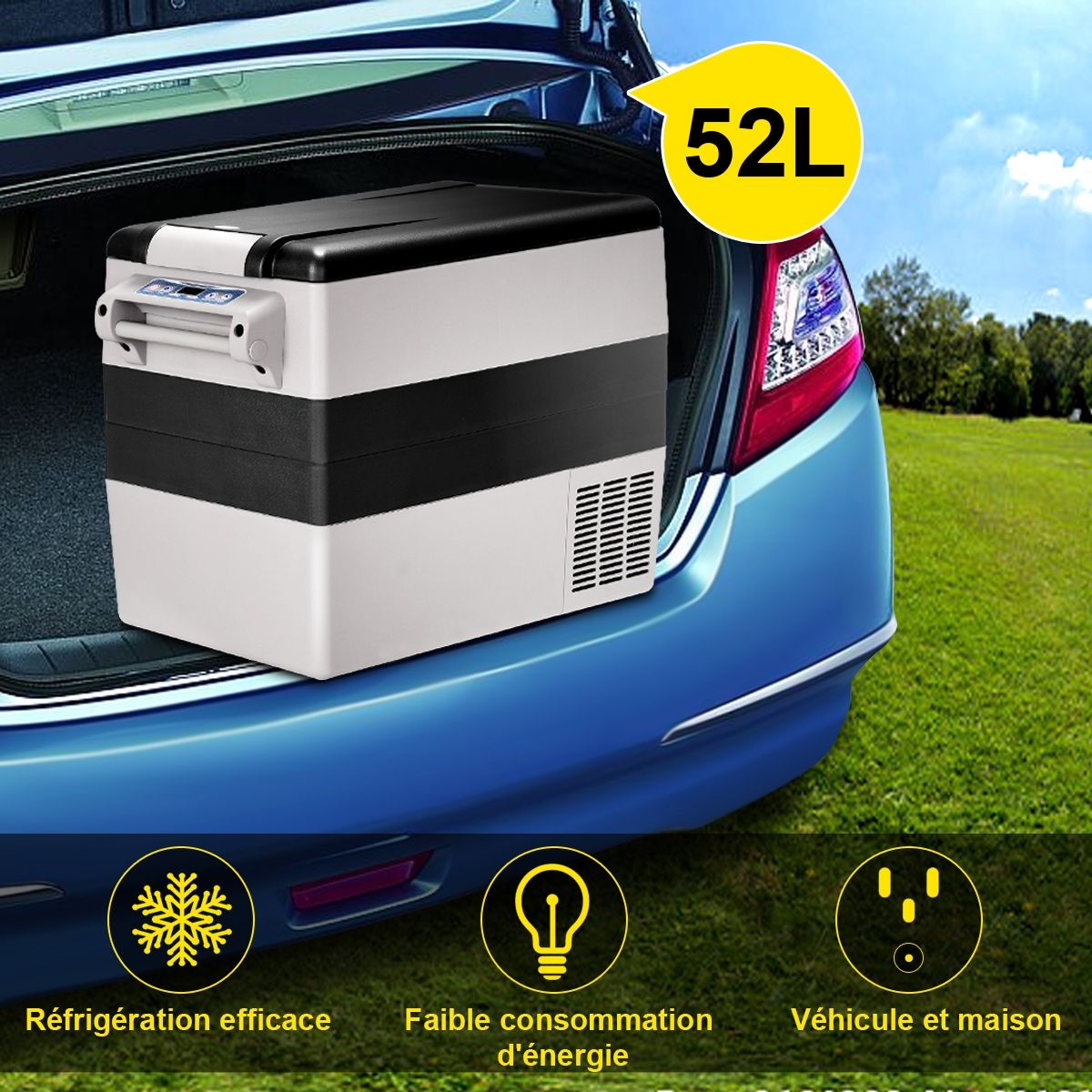 Réfrigérateur 52l de Voiture -20℃/+10℃ Mini Réfrigérateur Portable Ecran Lcd Adaptateur 69x34,5x52,5cm Noir+Gris