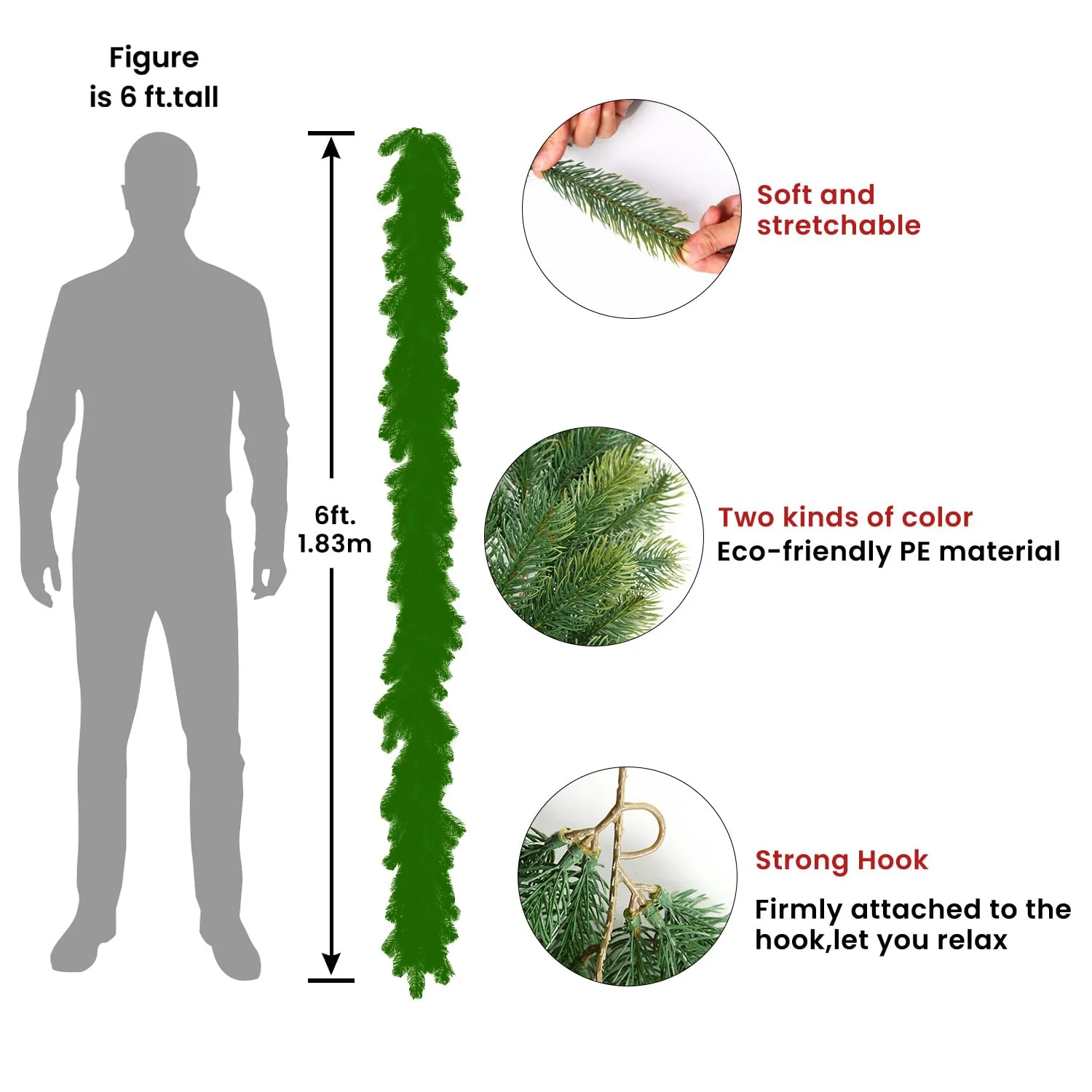 6FT(180 cm) Artificial Christmas Greenery Garland,Real Touch Stereo Pine Garland