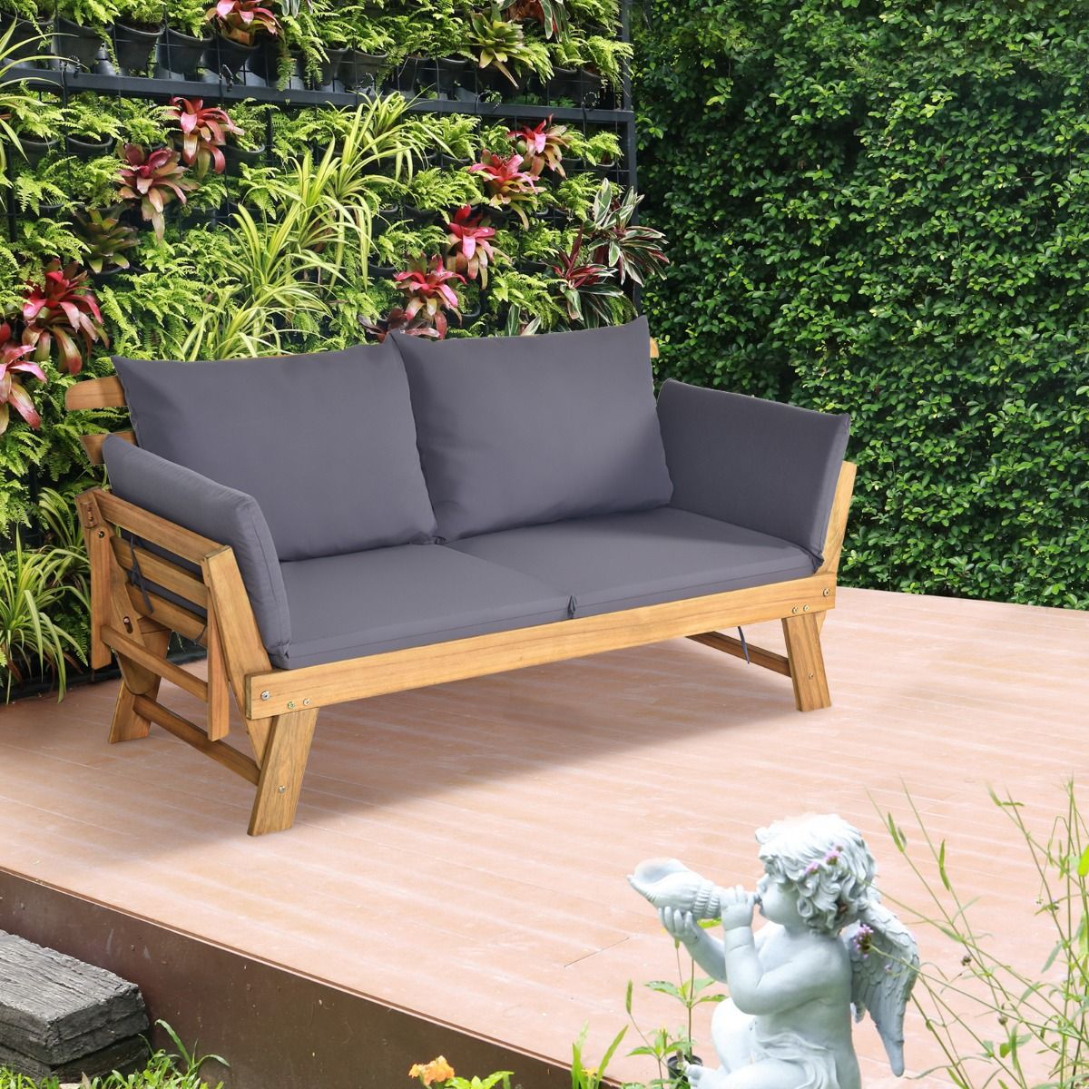 Chaise Longue Convertible avec Coussin Canapé de Jardin 2 en 1 en Bois d’Acacia avec Accoudoir Réglable pour Patio Piscine Jardin Blanc/Gris/Bleu/Rouge