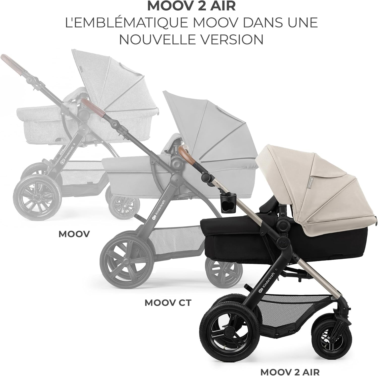Kinderkraft MOOV2 Poussette 3 en 1, Système de voyage de la naissance à 27 kg, Siège auto Mink PRO I-Size inclus, Capote extensible avec filtre UPF50+, Accessoires pratiques, Gris