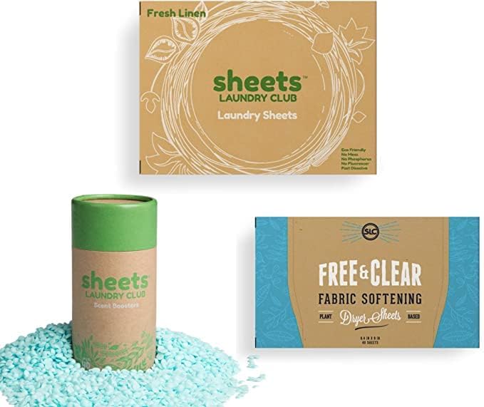 Sheets Laundry Club - 50 Fresh Linen(up to 100 loads) Laundry Detergent Sheets - 40 Lavender Dryer Sheets, 8oz Lavender Scent Booster Tube. Good for the earth and a breeze to use. Hypoallergenic