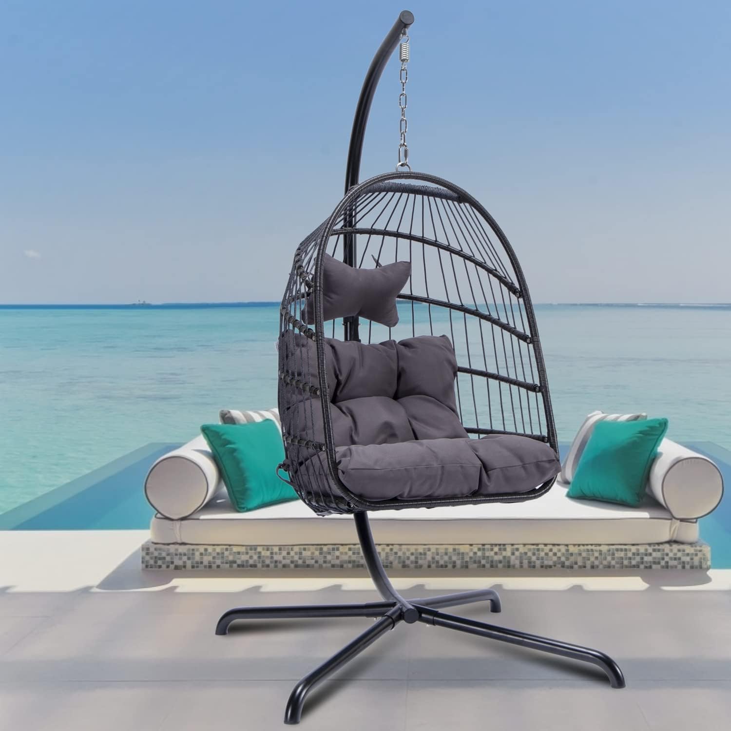 in Door Outdoor Patio Wicker Hanging Chair Swing Chair Patio Egg Chair UV Resistant Beige Cushion Aluminum Frame (Brown)