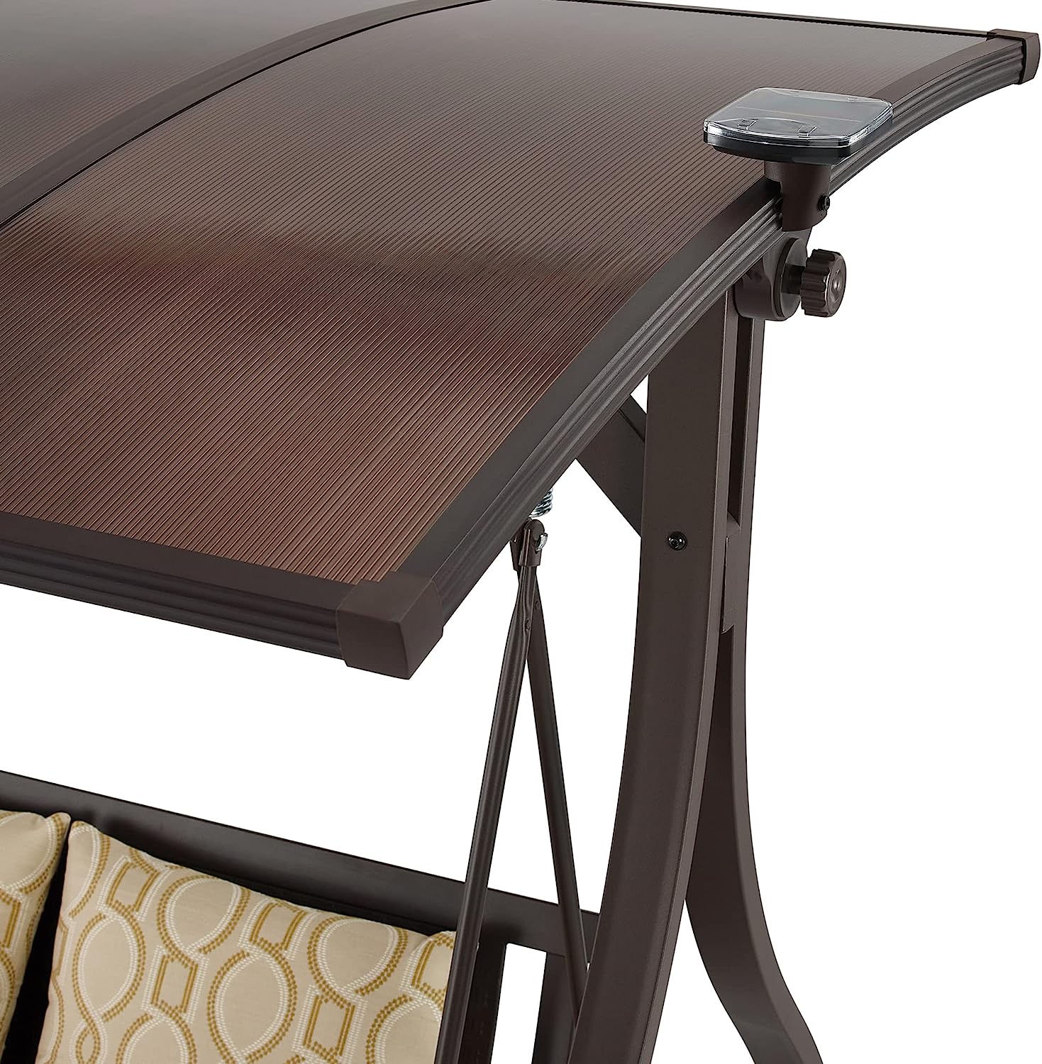 Ulax Furniture 3-Seat Outdoor Patio Swing Chair, Porch Swing Glider Chair with Convertible Canopy, Solar LED Light and Sunbrella Pillows for Poolside, Garden, Balcony, Backyard