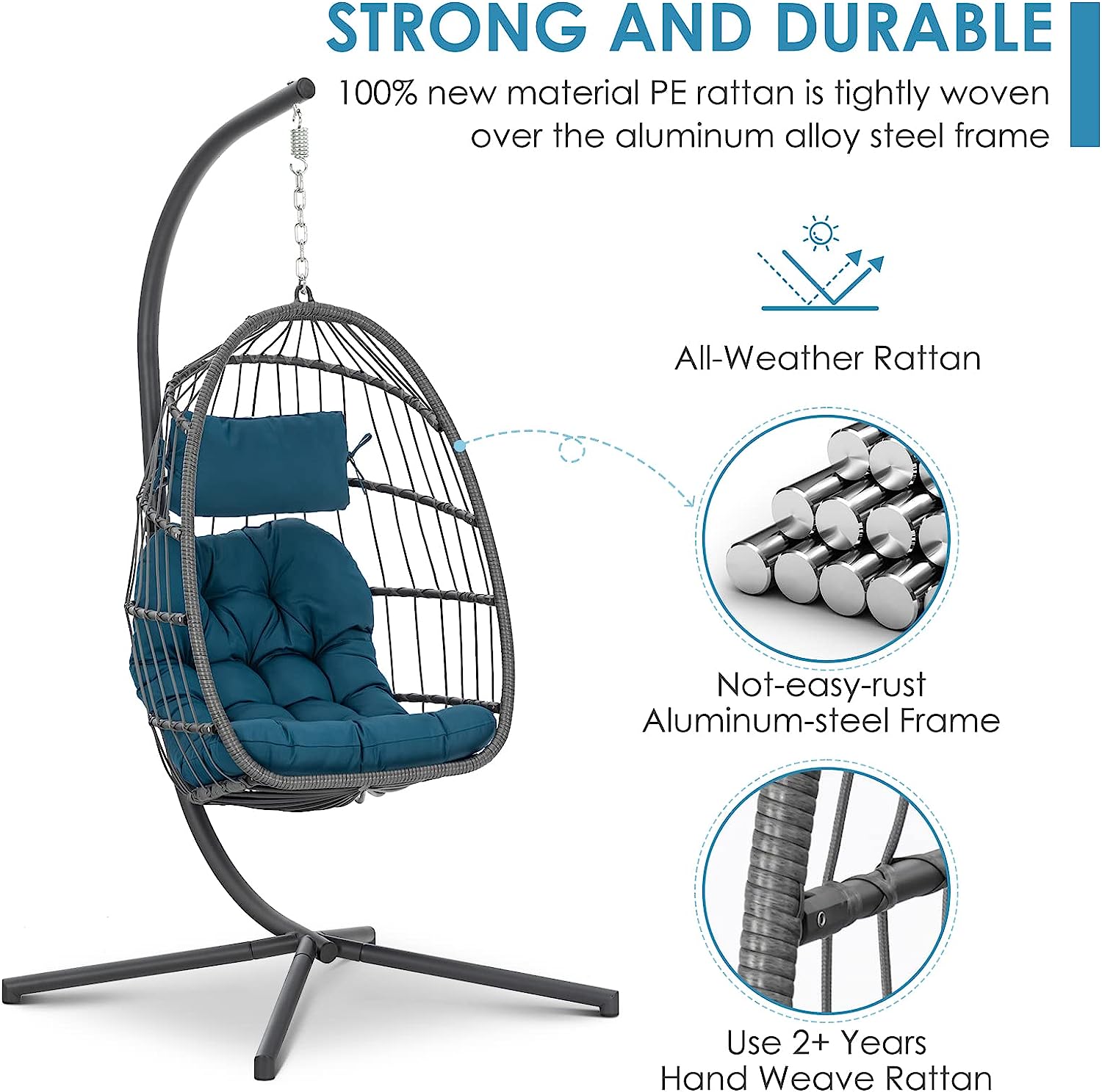 Brafab Swing Egg Chair, Hammock Chair, Hanging Chair, Aluminum Frame and UV Resistant Cushion with Steel Stand, Indoor Outdoor Patio Porch Lounge Bedroom Hand Made Wicker Rattan Chair, 350LBS Capacity