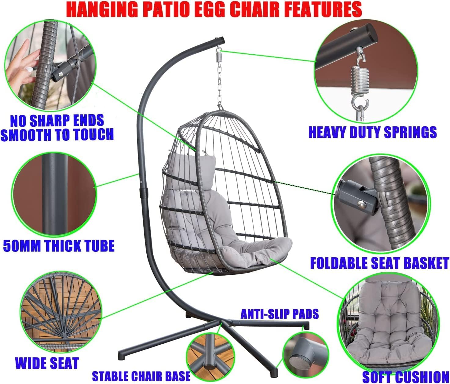 Mojia Patio Wicker Hanging Egg Swing Chair with Stand, Hammock Egg Chairs Foldable UV Resistant Cushions 440lbs Capaticy (Gray)