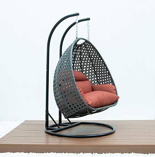 LeisureMod 2 Person Hanging Double Swing Chair, X-Large Wicker Rattan Egg Chair with Stand and Cushion for Indoor Outdoor Patio Garden (Light Green)