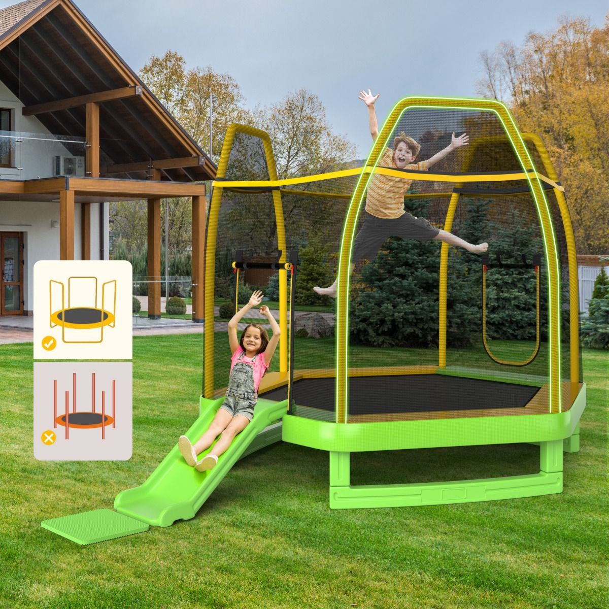 Trampoline Extérieur Ø 223cm avec Toboggan&Echelle avec Filet de Sécurité 2 Portes en U Charge 270kg pour 2-3 Enfants de 3 Ans+ Bleu/Vert
